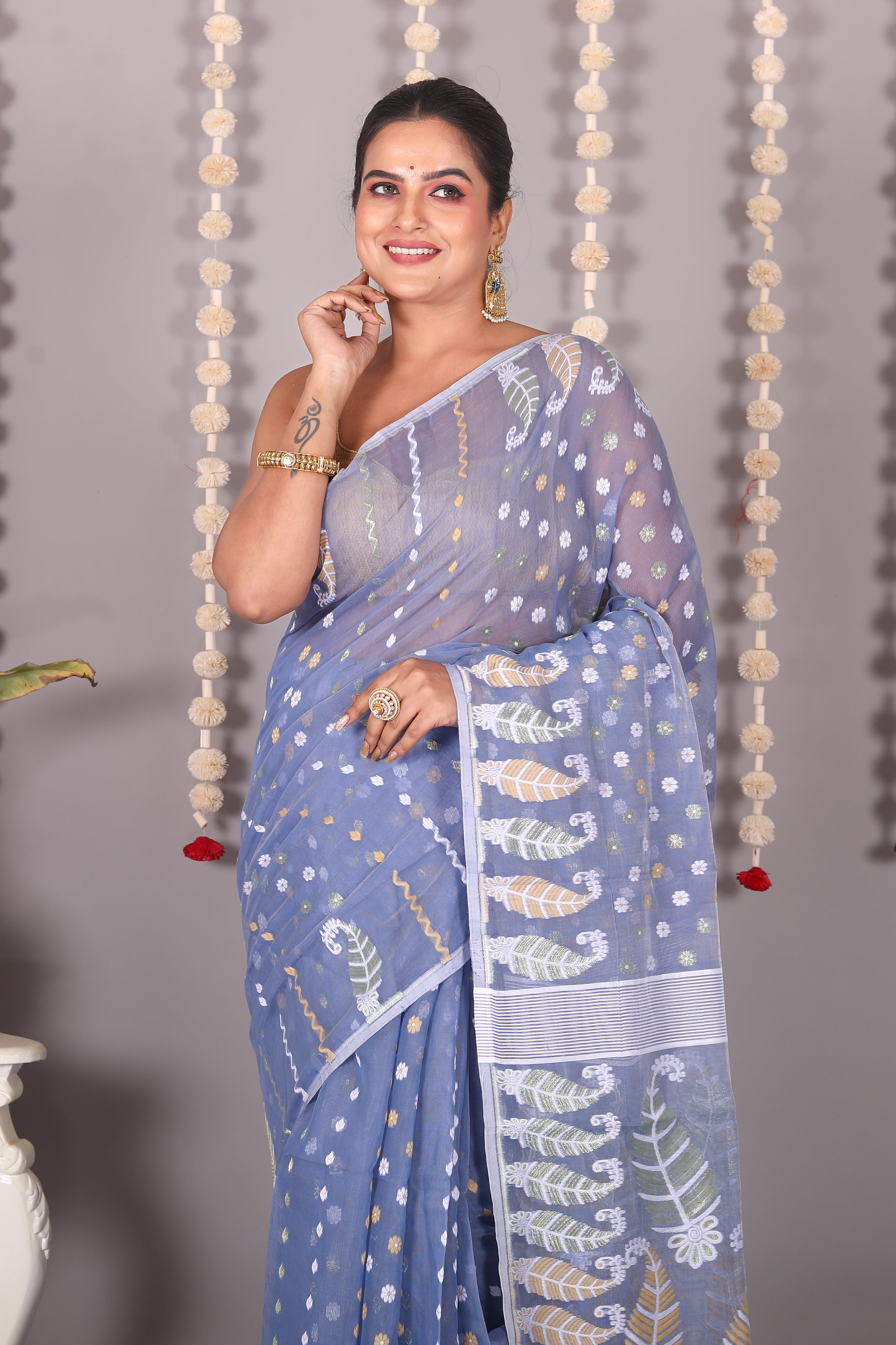 Grey Cotton Jamdani Saree - Keya Seth Exclusive
