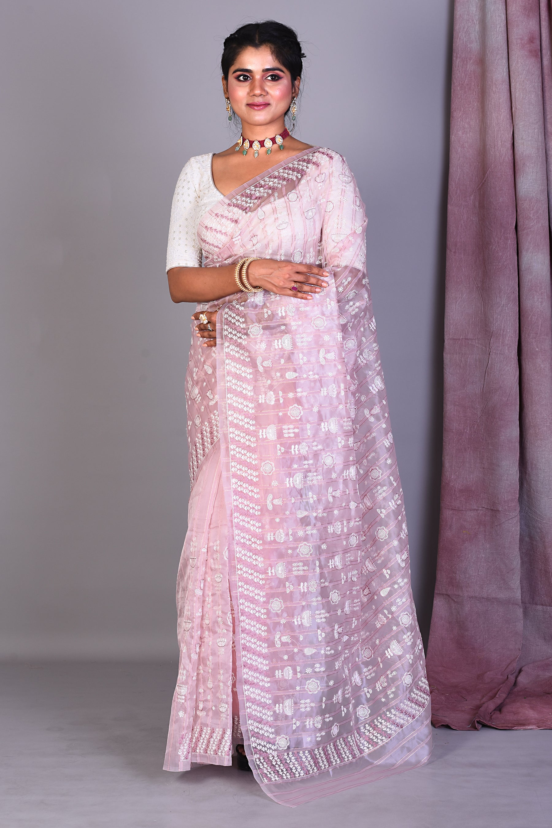 Light Pink Blended Organza Saree with ThreadWorks - Keya Seth Exclusive