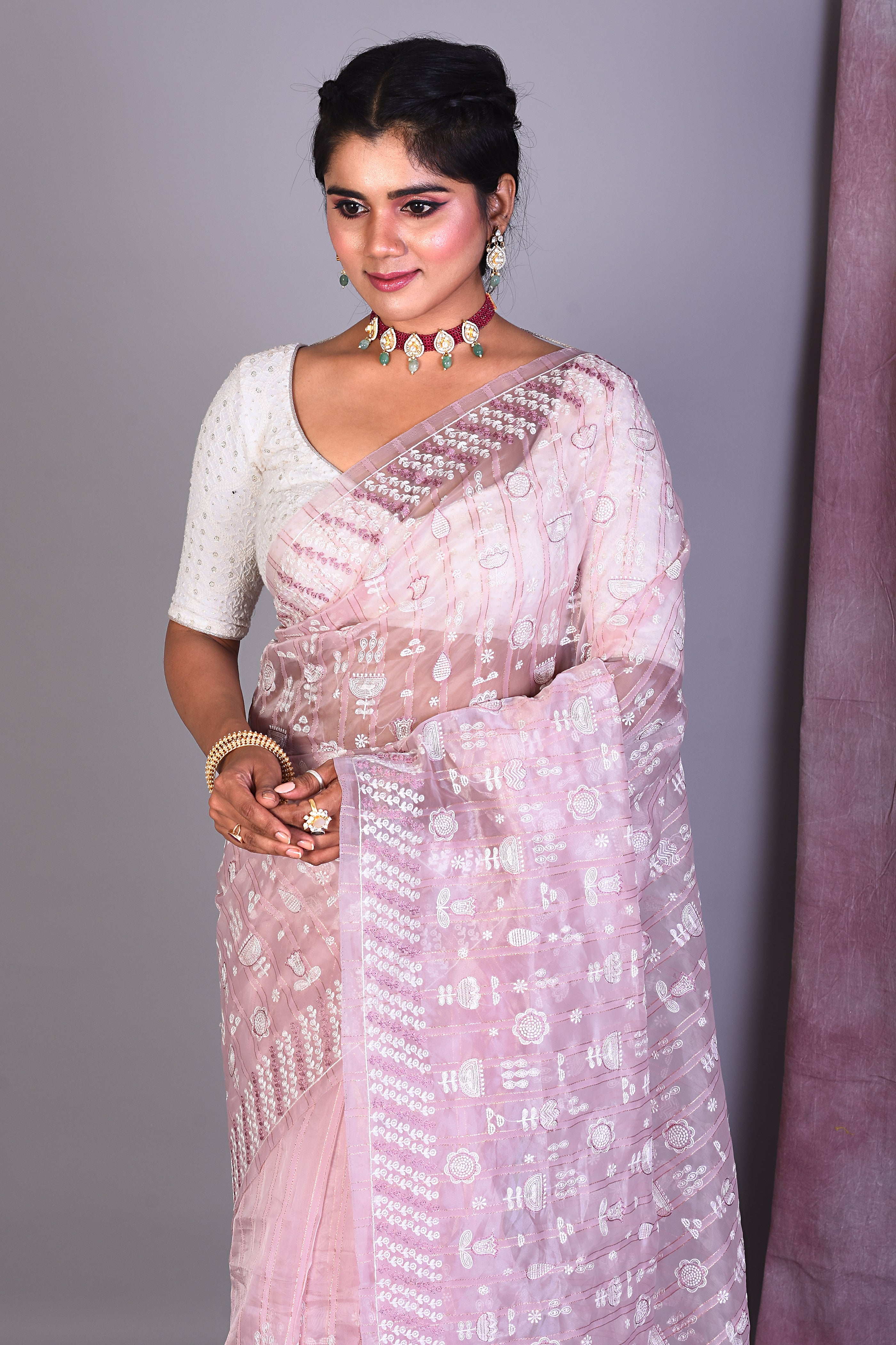 Light Pink Blended Organza Saree with ThreadWorks - Keya Seth Exclusive