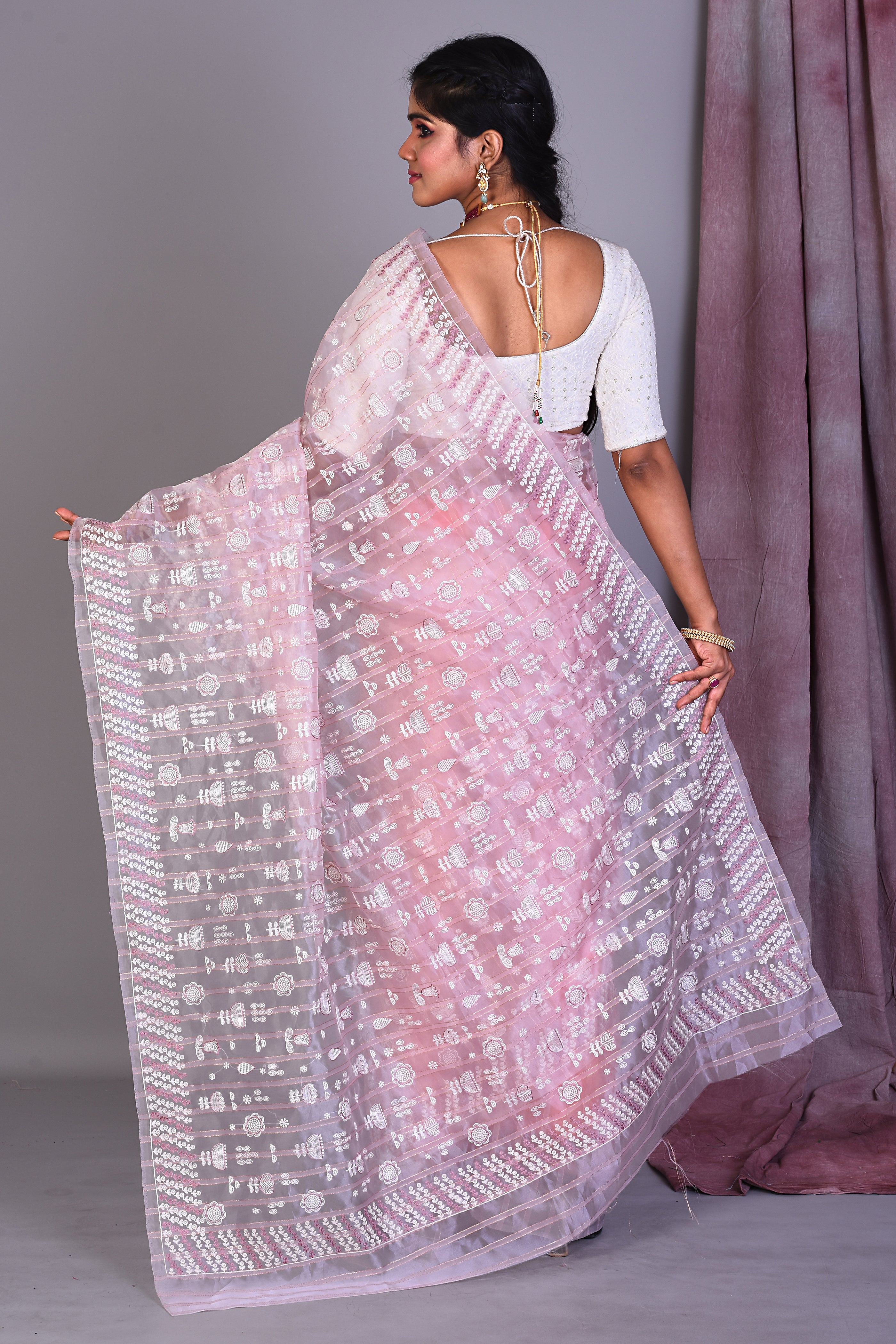 Light Pink Blended Organza Saree with ThreadWorks - Keya Seth Exclusive