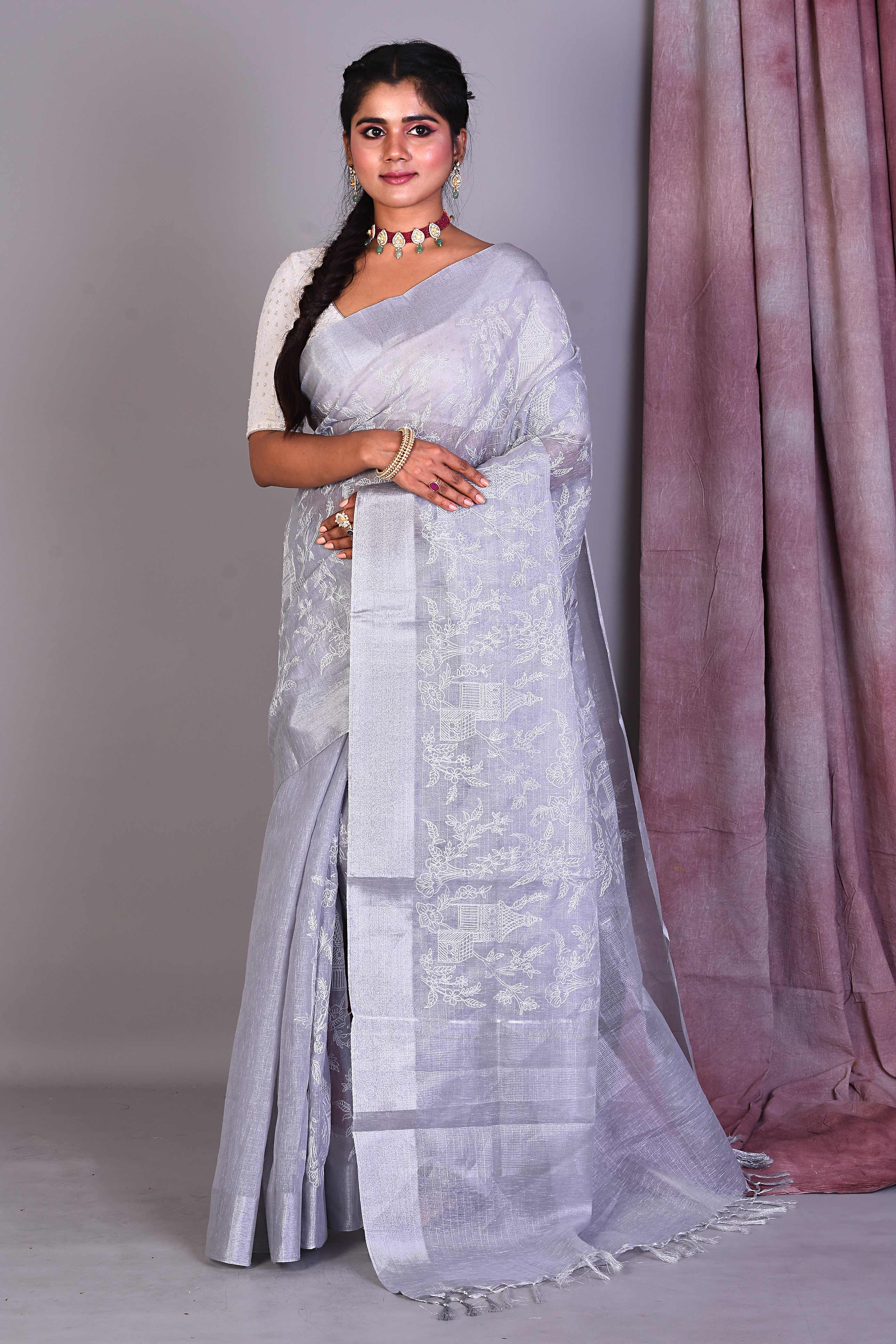 Grey Blended Silk Saree with ThreadWorks - Keya Seth Exclusive