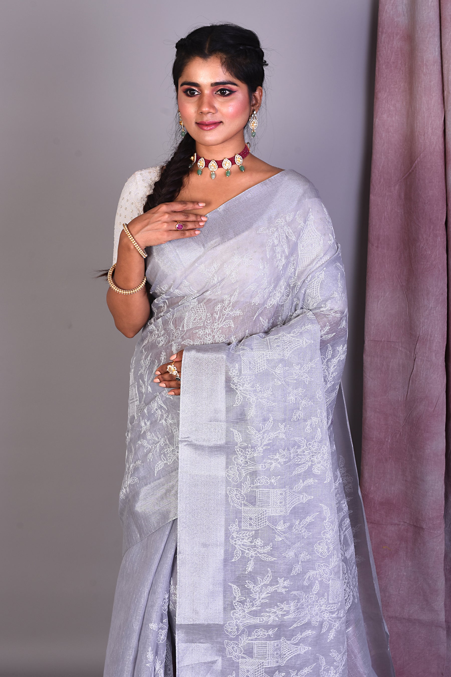 Grey Blended Silk Saree with ThreadWorks - Keya Seth Exclusive