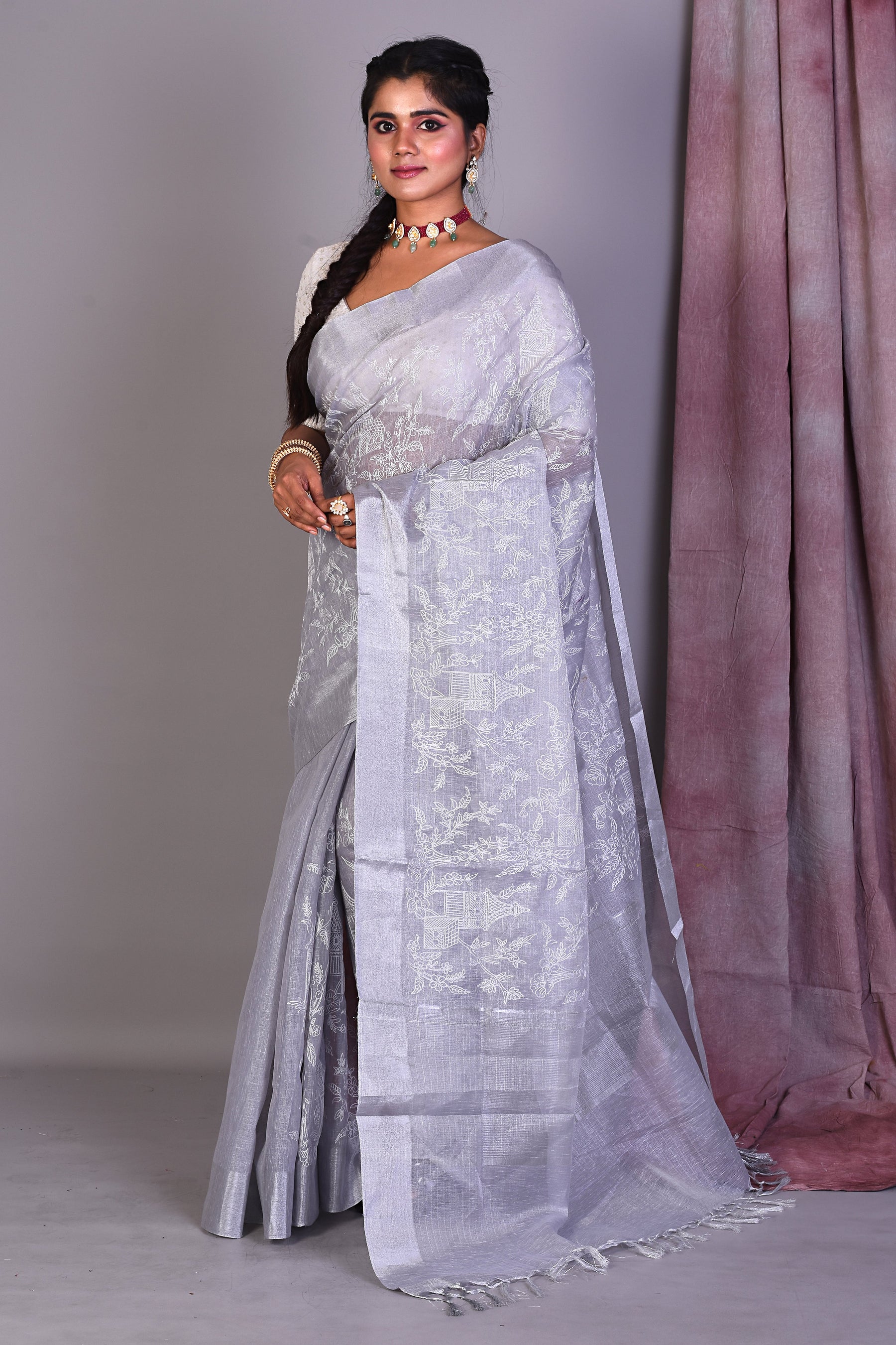 Grey Blended Silk Saree with ThreadWorks - Keya Seth Exclusive