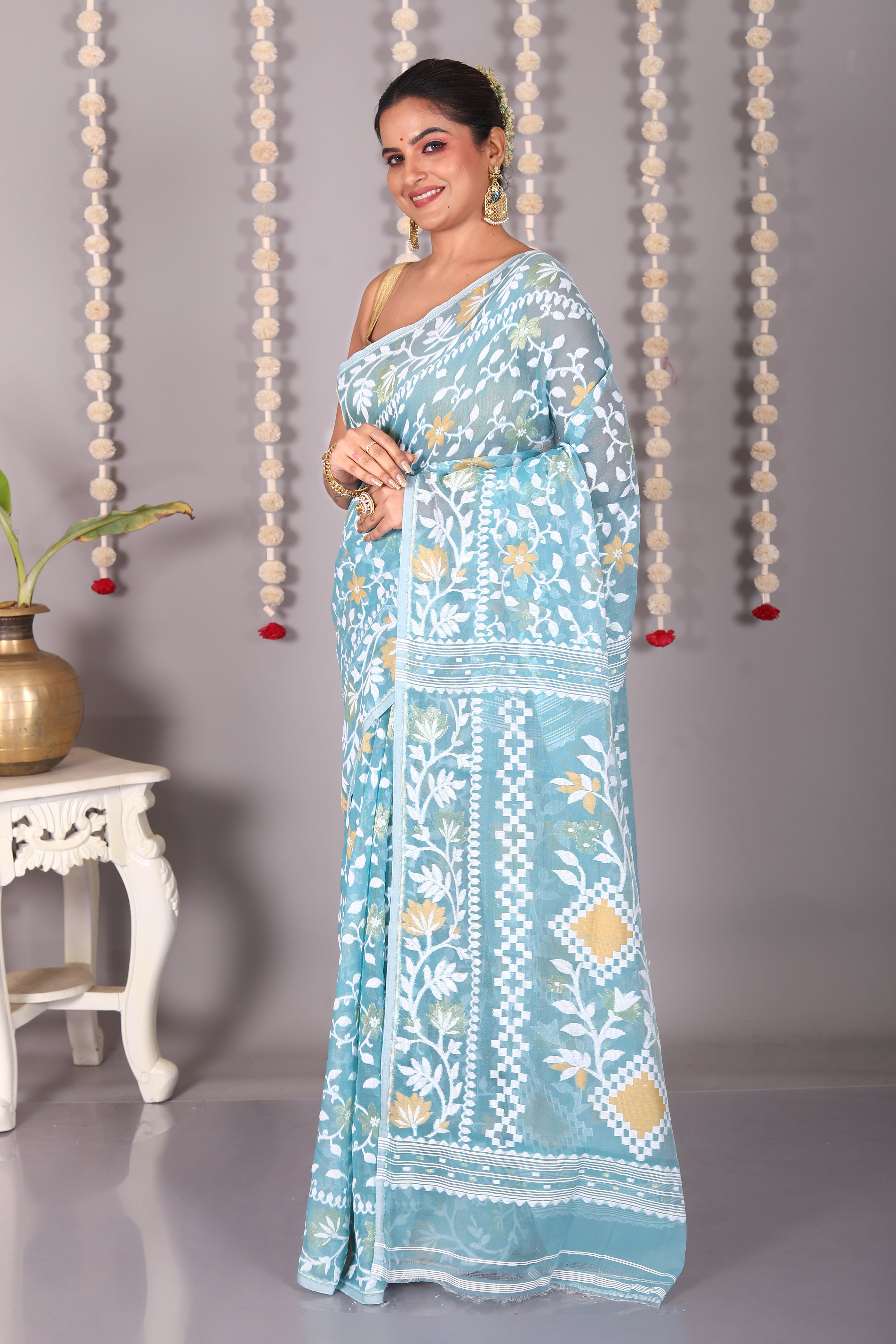 Light Blue Cotton Jamdani Saree - Keya Seth Exclusive
