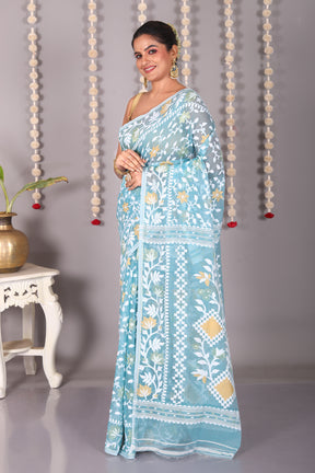 Light Blue Cotton Jamdani Saree - Keya Seth Exclusive