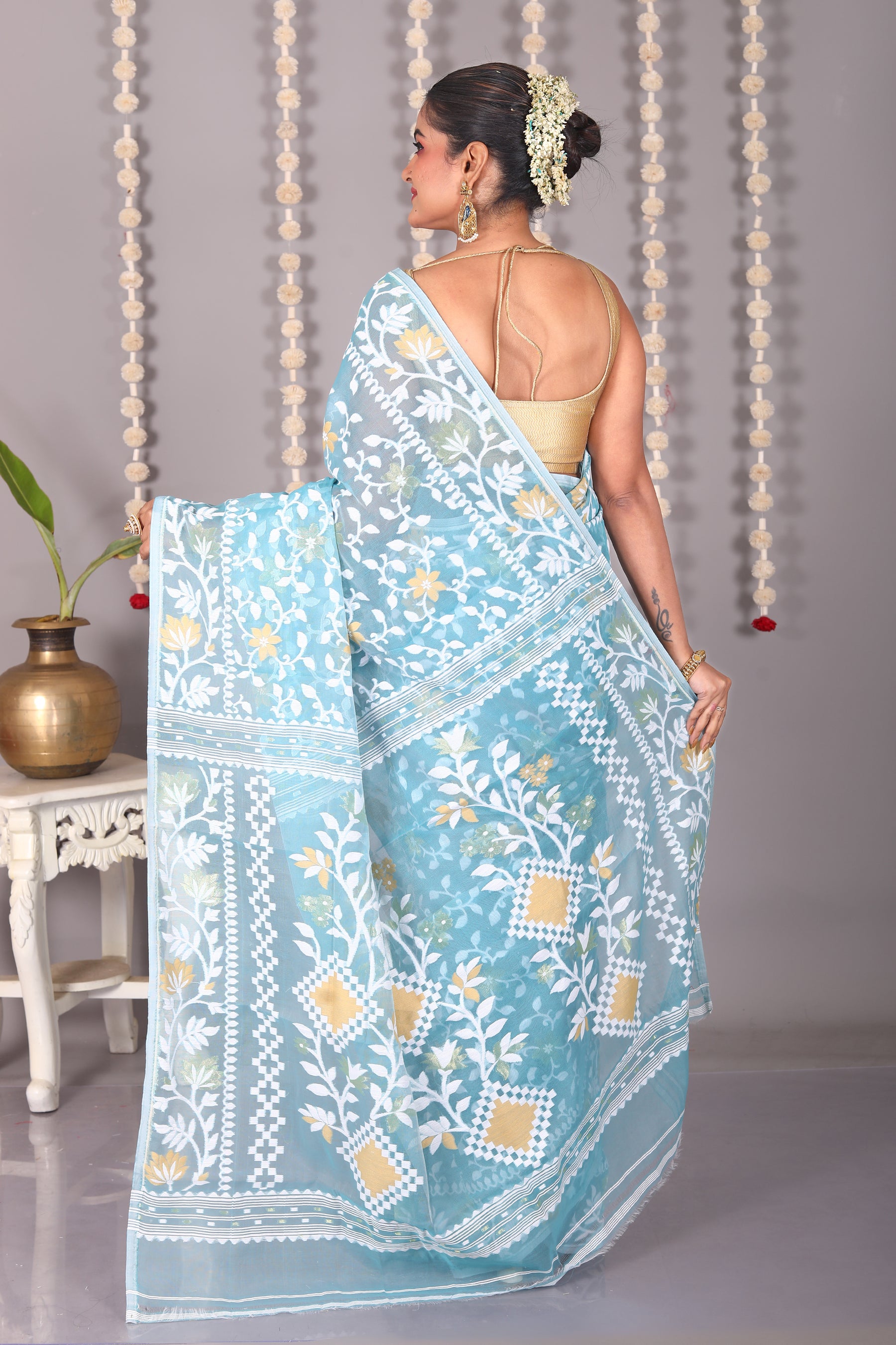 Light Blue Cotton Jamdani Saree - Keya Seth Exclusive