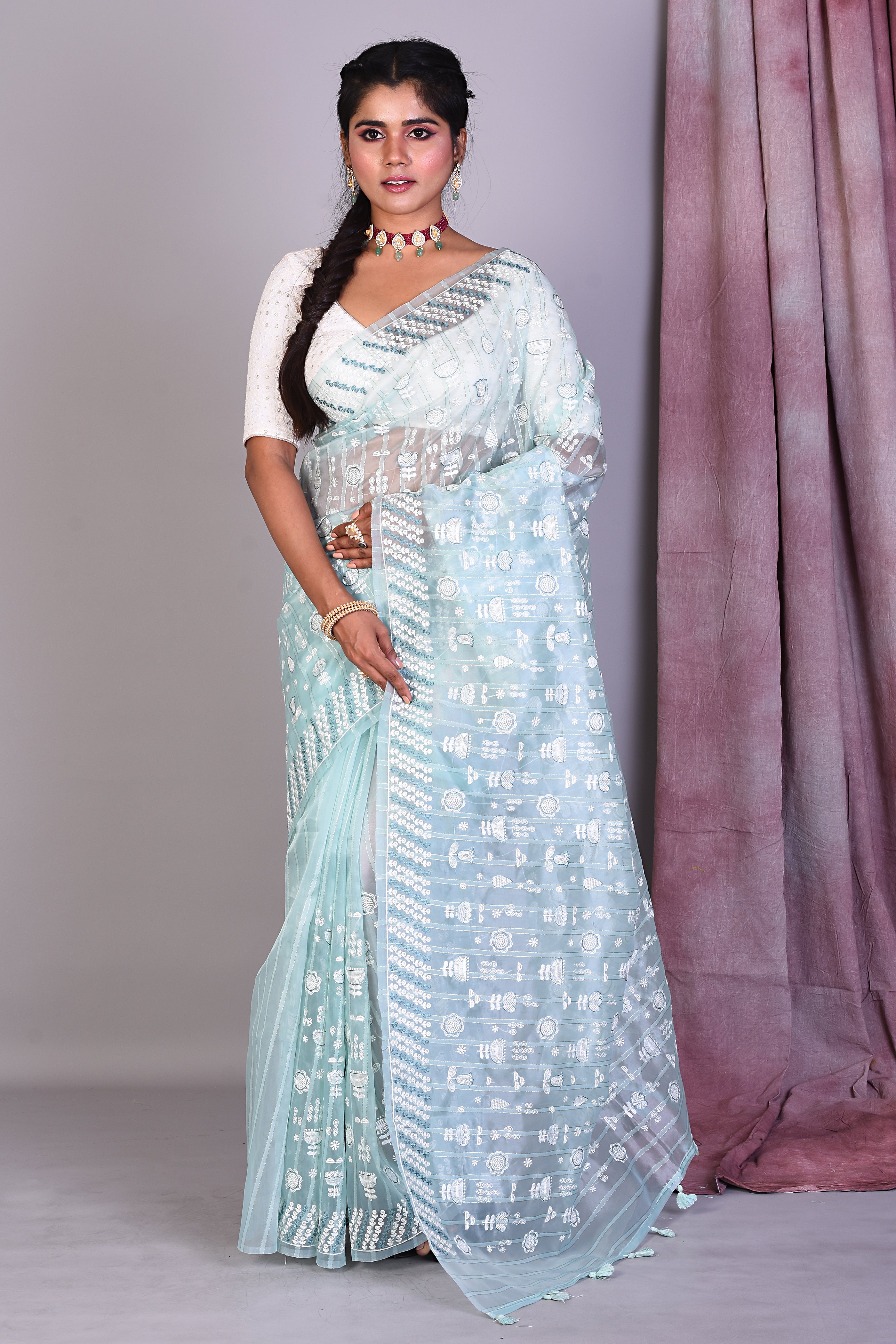 Sea Green Blended Organza Saree with ThreadWorks - Keya Seth Exclusive