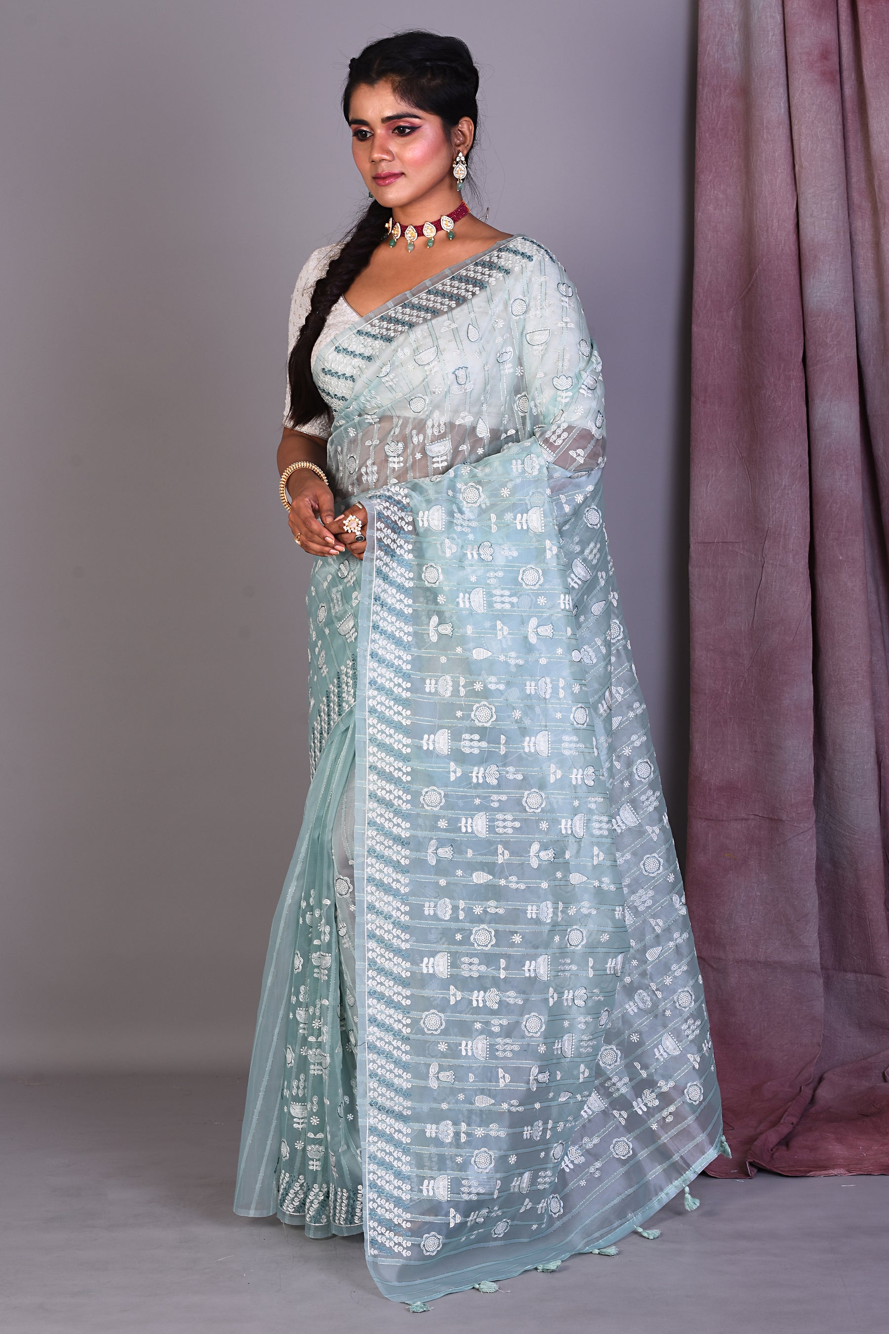 Sea Green Blended Organza Saree with ThreadWorks - Keya Seth Exclusive