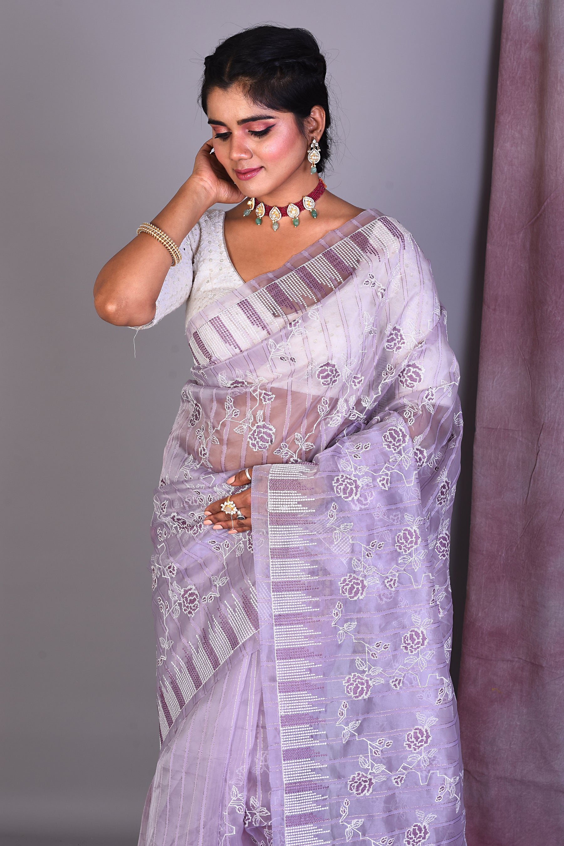 Light Purple Blended Organza Saree with ThreadWorks - Keya Seth Exclusive