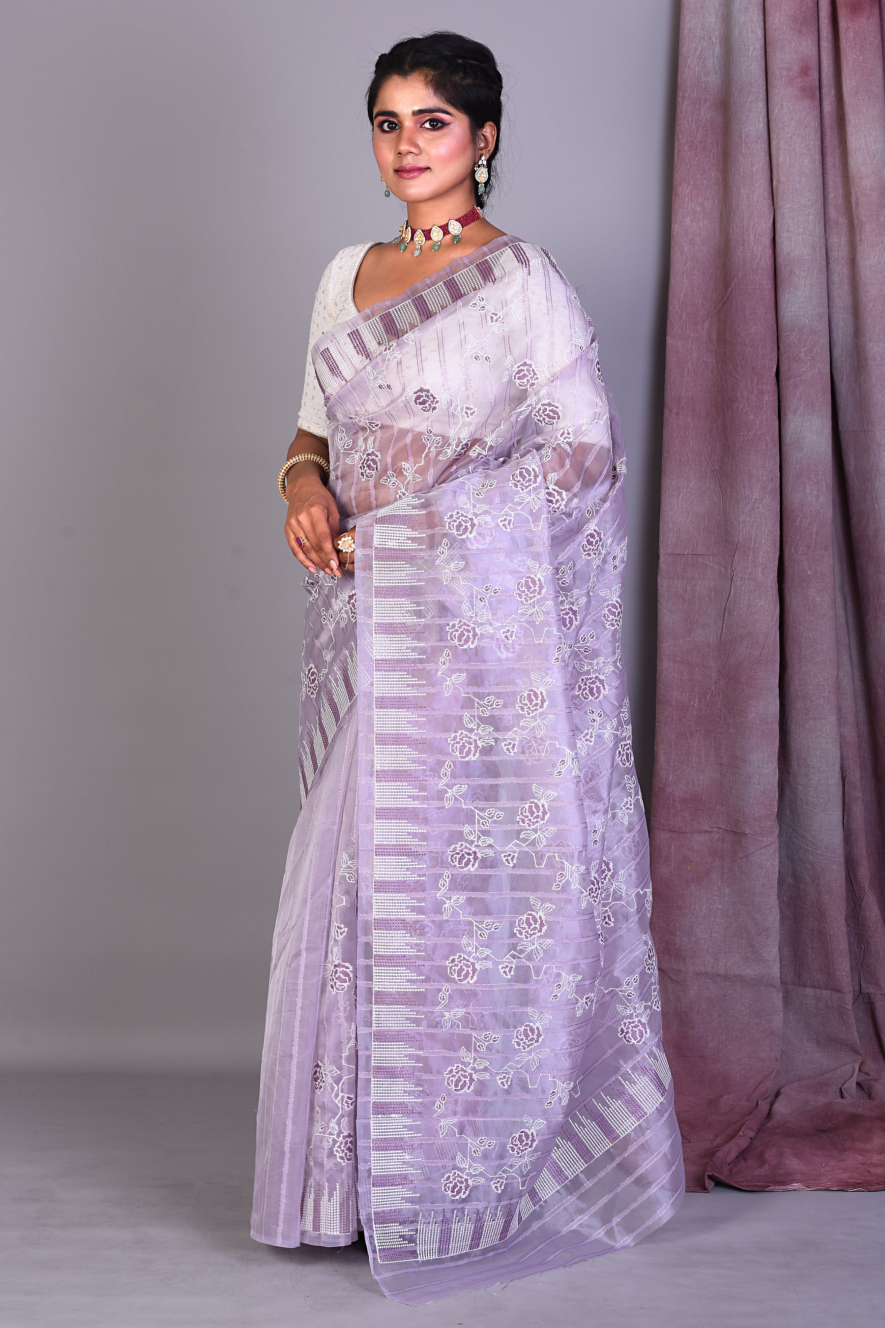 Light Purple Blended Organza Saree with ThreadWorks - Keya Seth Exclusive