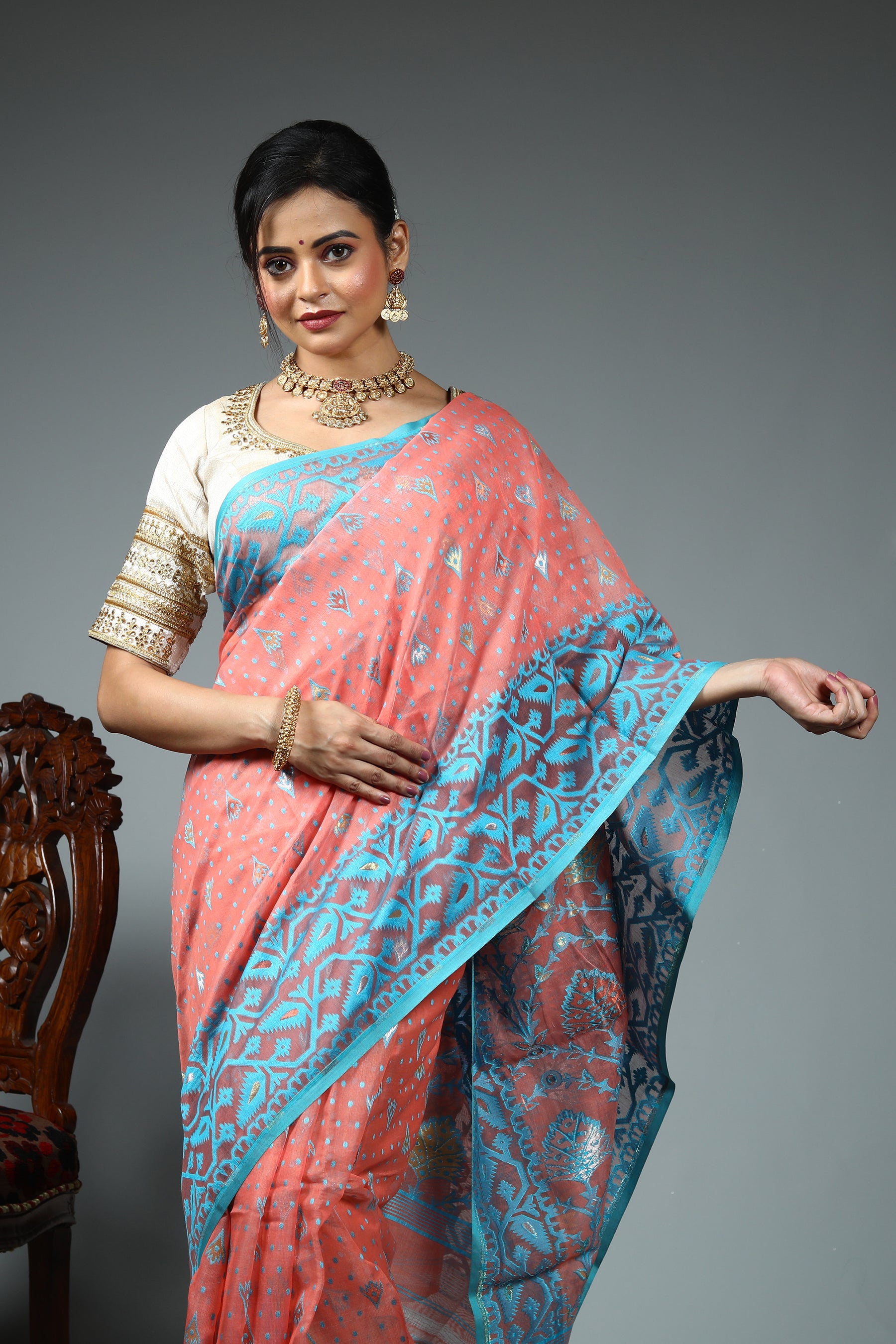 Peach Blended Jamdani Saree