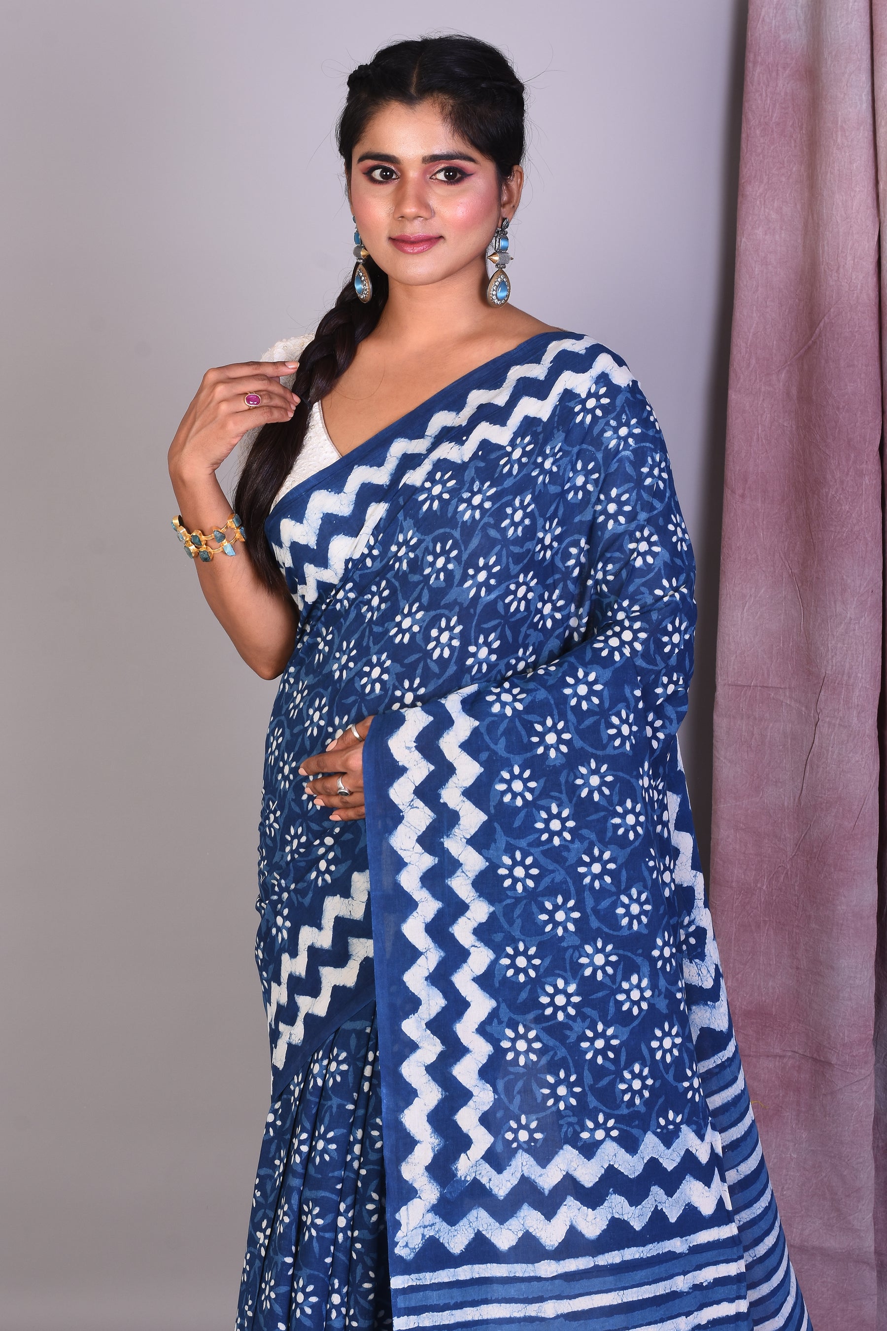 Navy Blue Blended Silk Saree with ThreadWorks - Keya Seth Exclusive