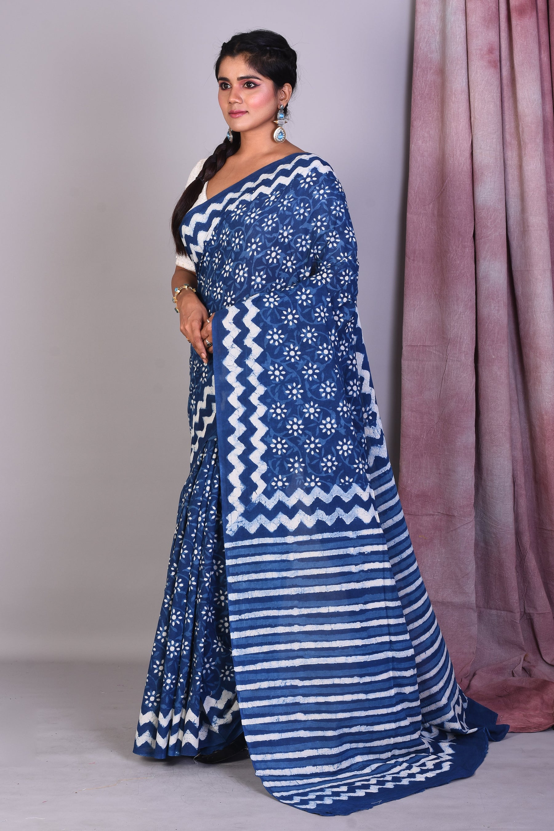 Navy Blue Blended Silk Saree with ThreadWorks - Keya Seth Exclusive