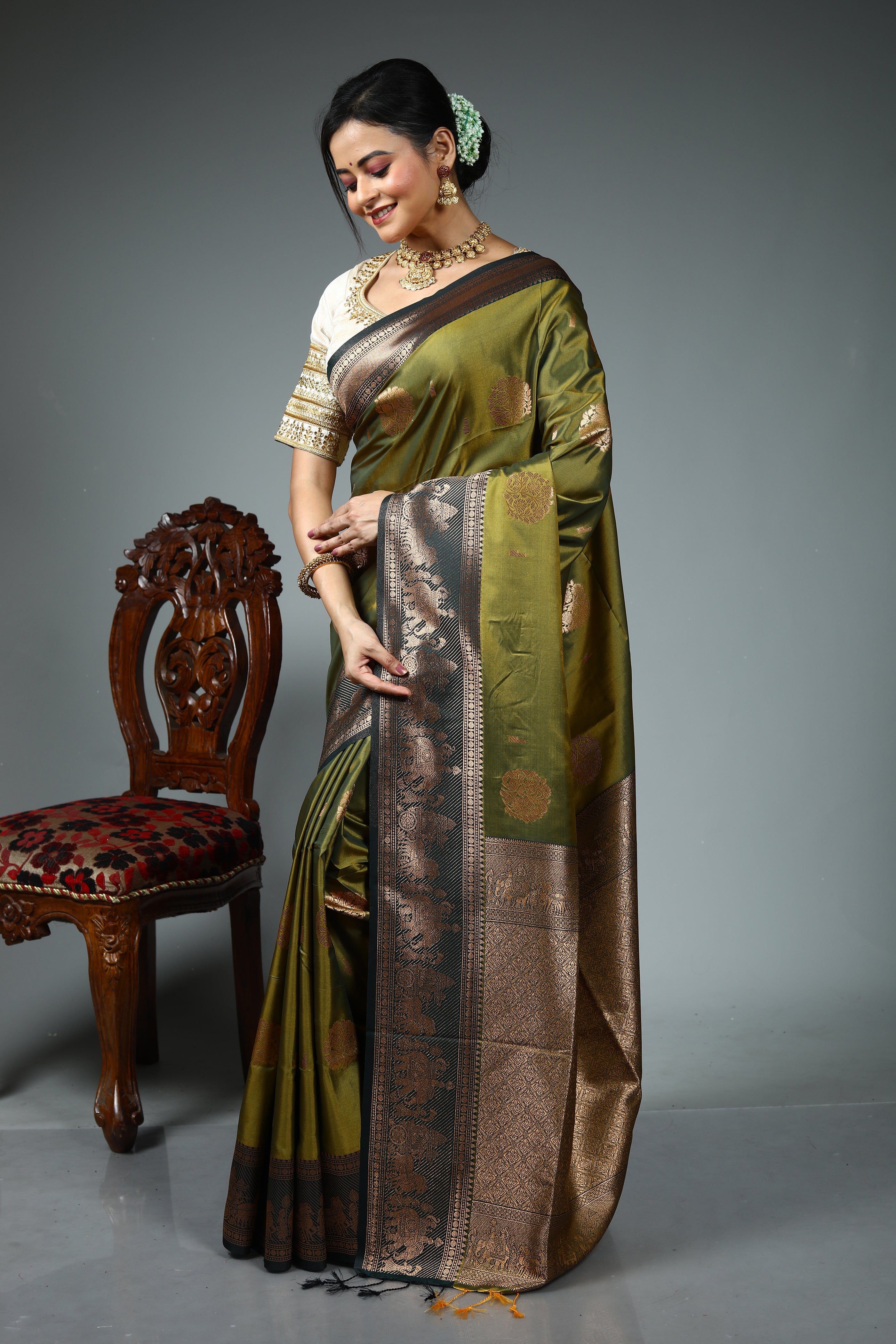 Olive Green Blended Silk Saree