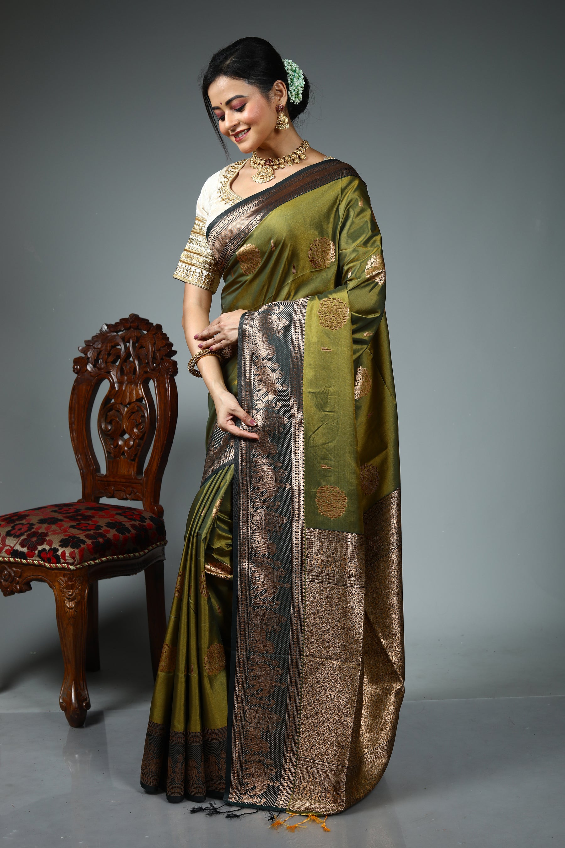 Olive Green Blended Silk Saree