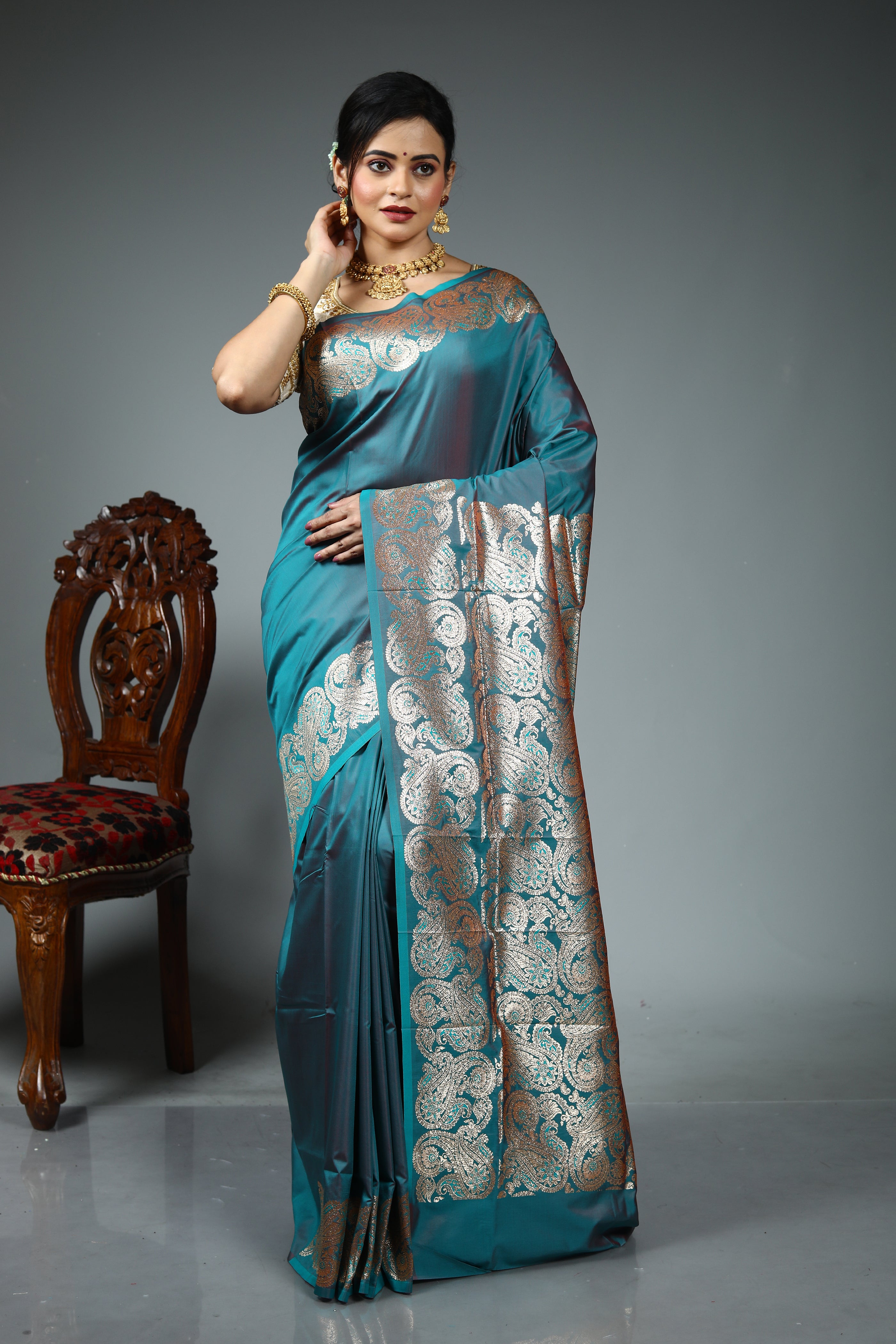 Green Blended Satin Silk Saree