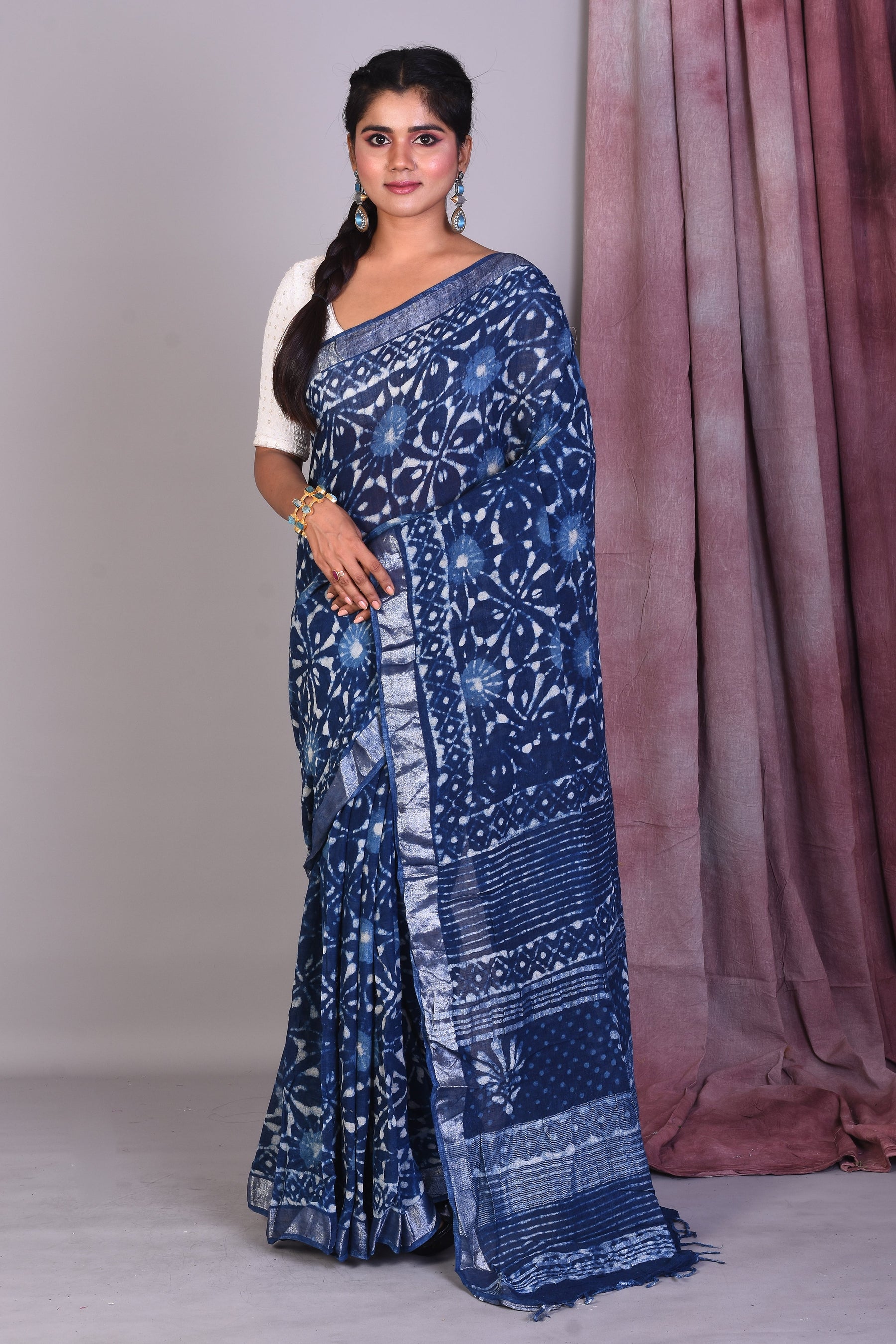 Navy Blue Blended Silk Saree with ThreadWorks - Keya Seth Exclusive