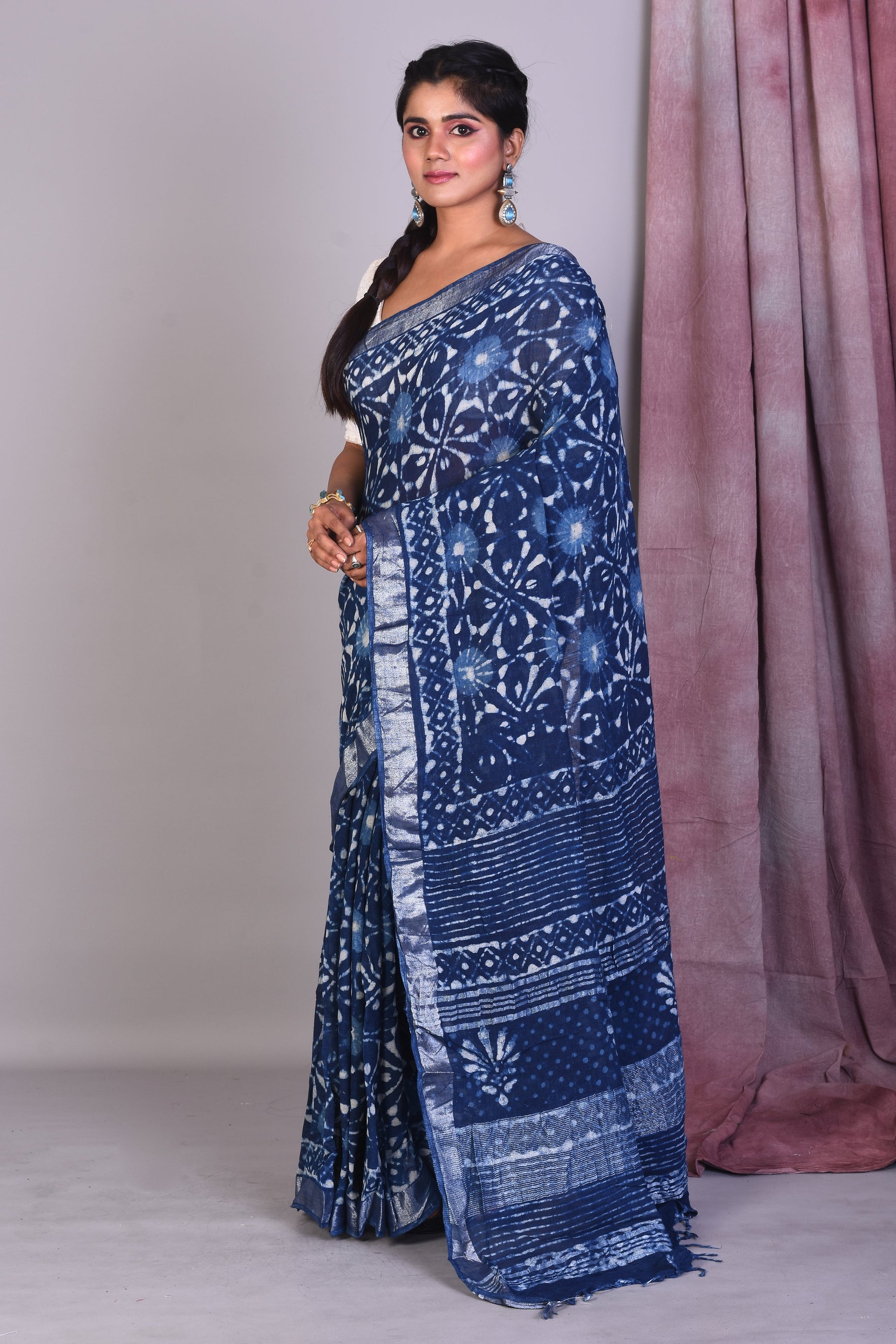 Navy Blue Blended Silk Saree with ThreadWorks - Keya Seth Exclusive