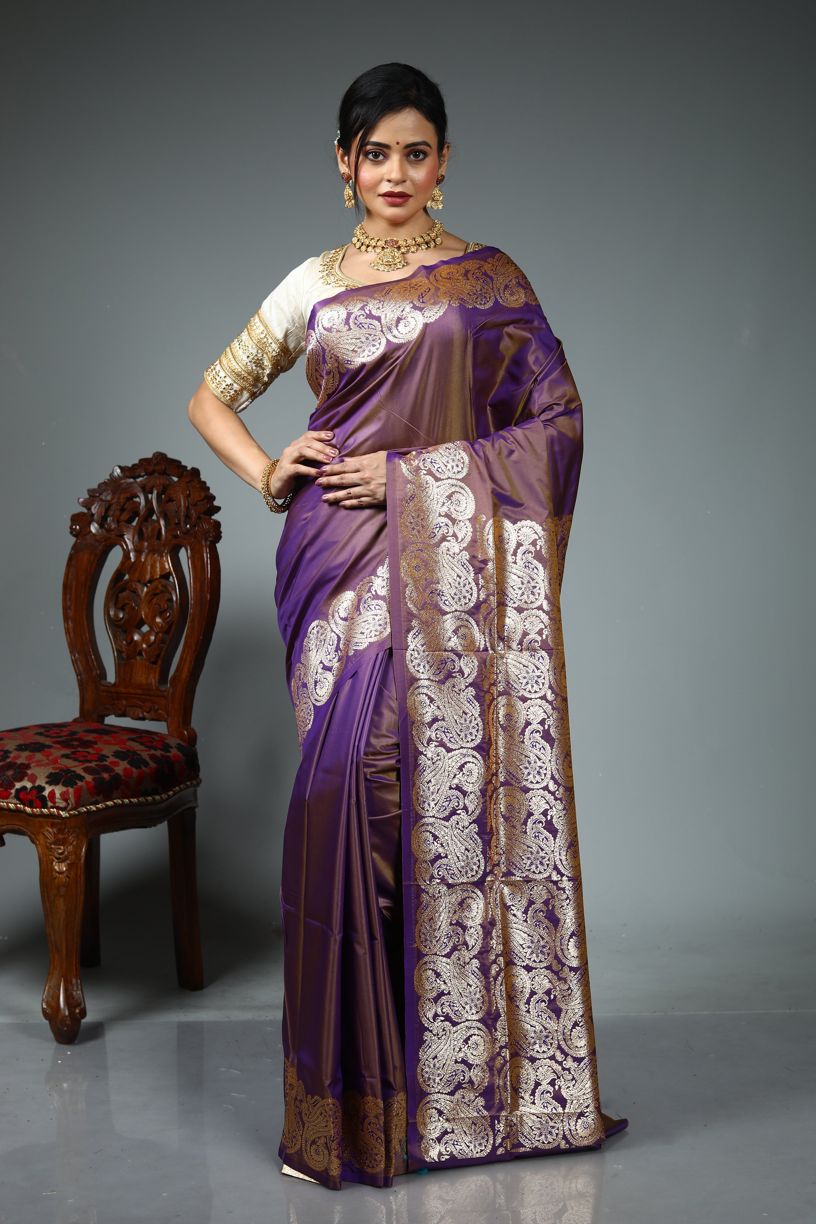 Purple Blended Satin Silk Saree