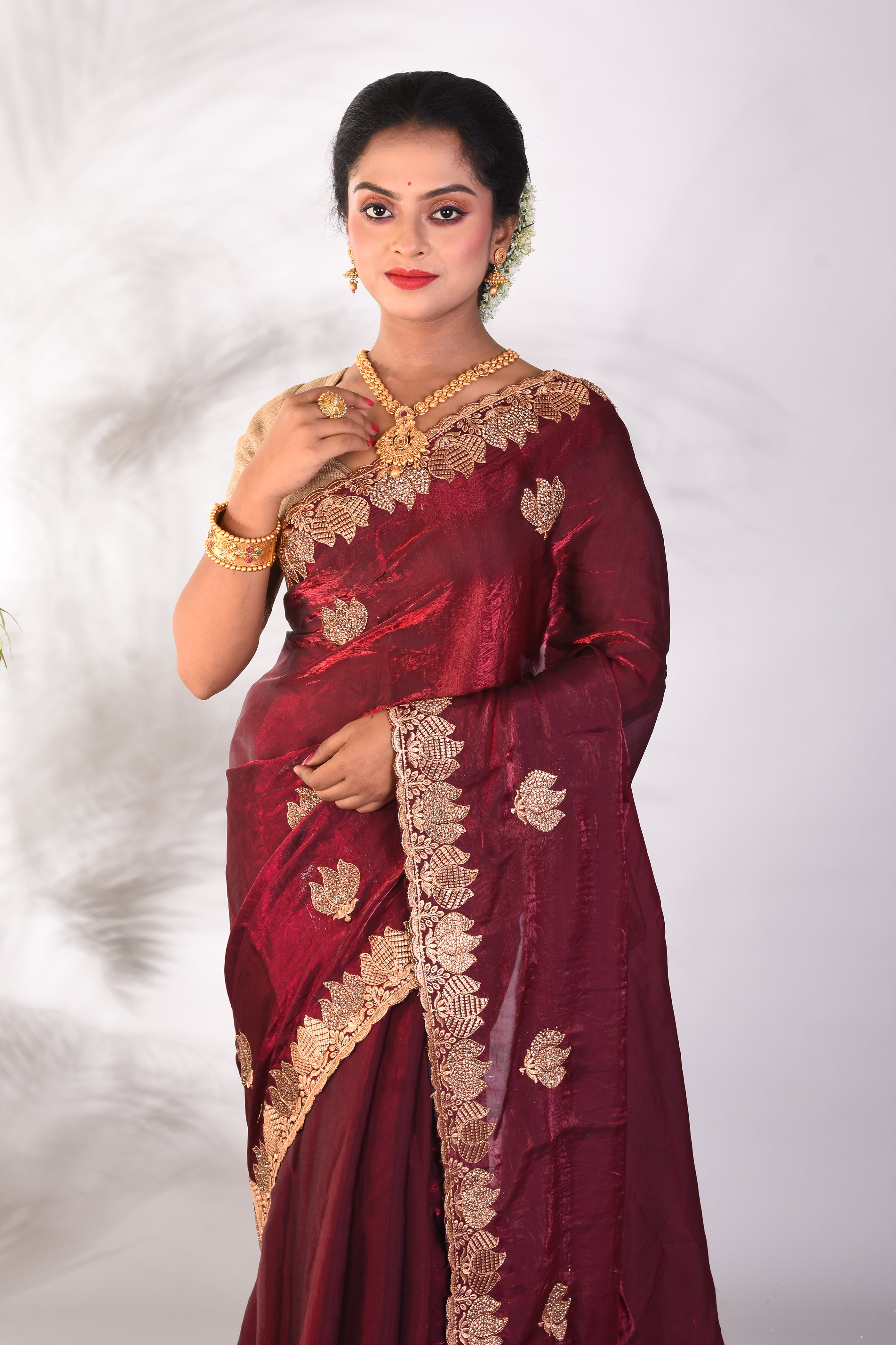 Maroon Organza Saree - Keya Seth Exclusive