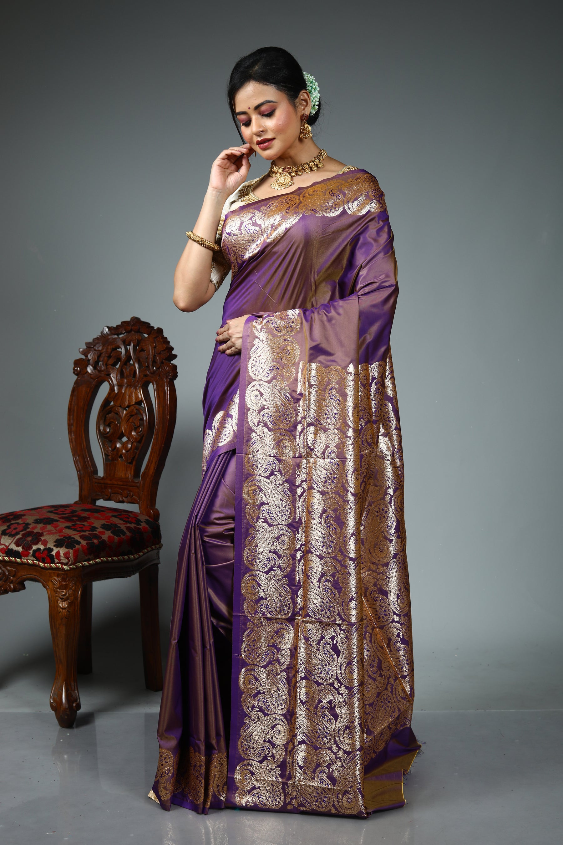 Purple Blended Satin Silk Saree