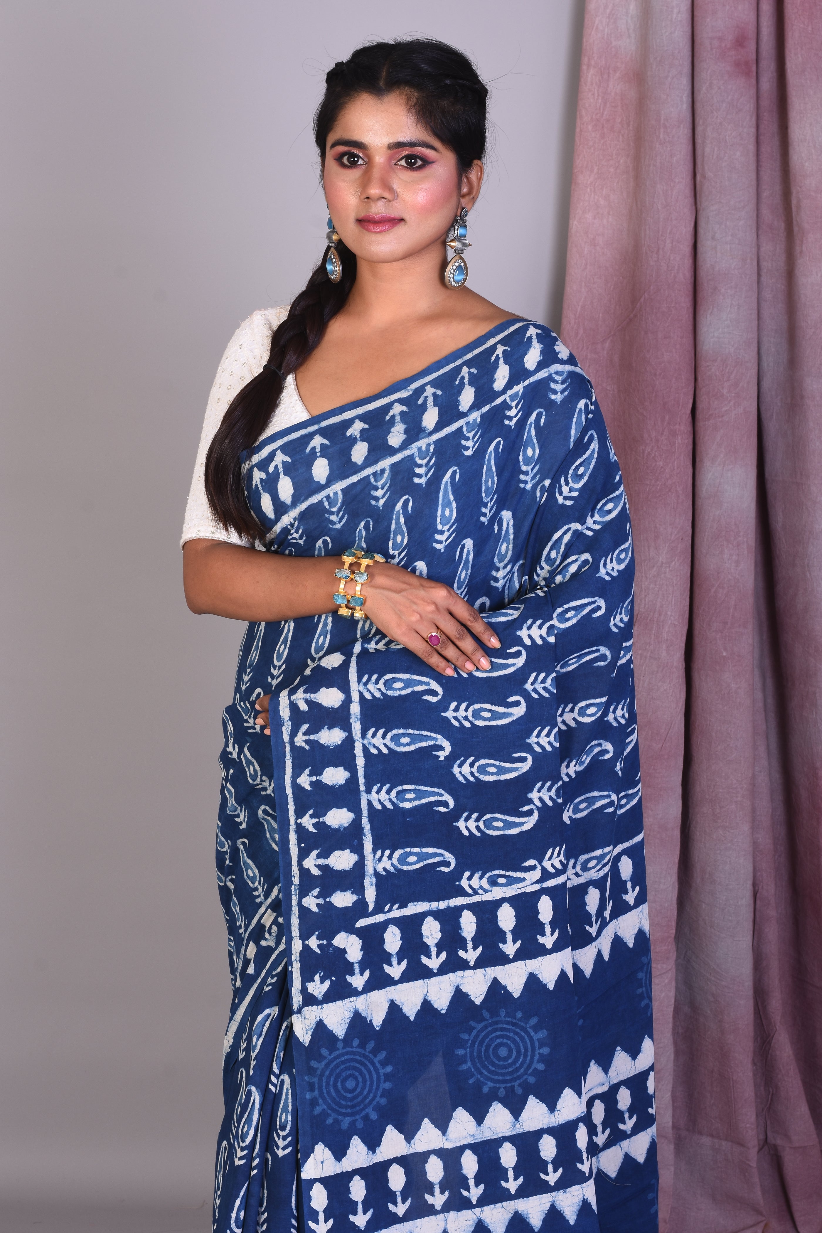 Navy Blue Blended Silk Saree with ThreadWorks - Keya Seth Exclusive