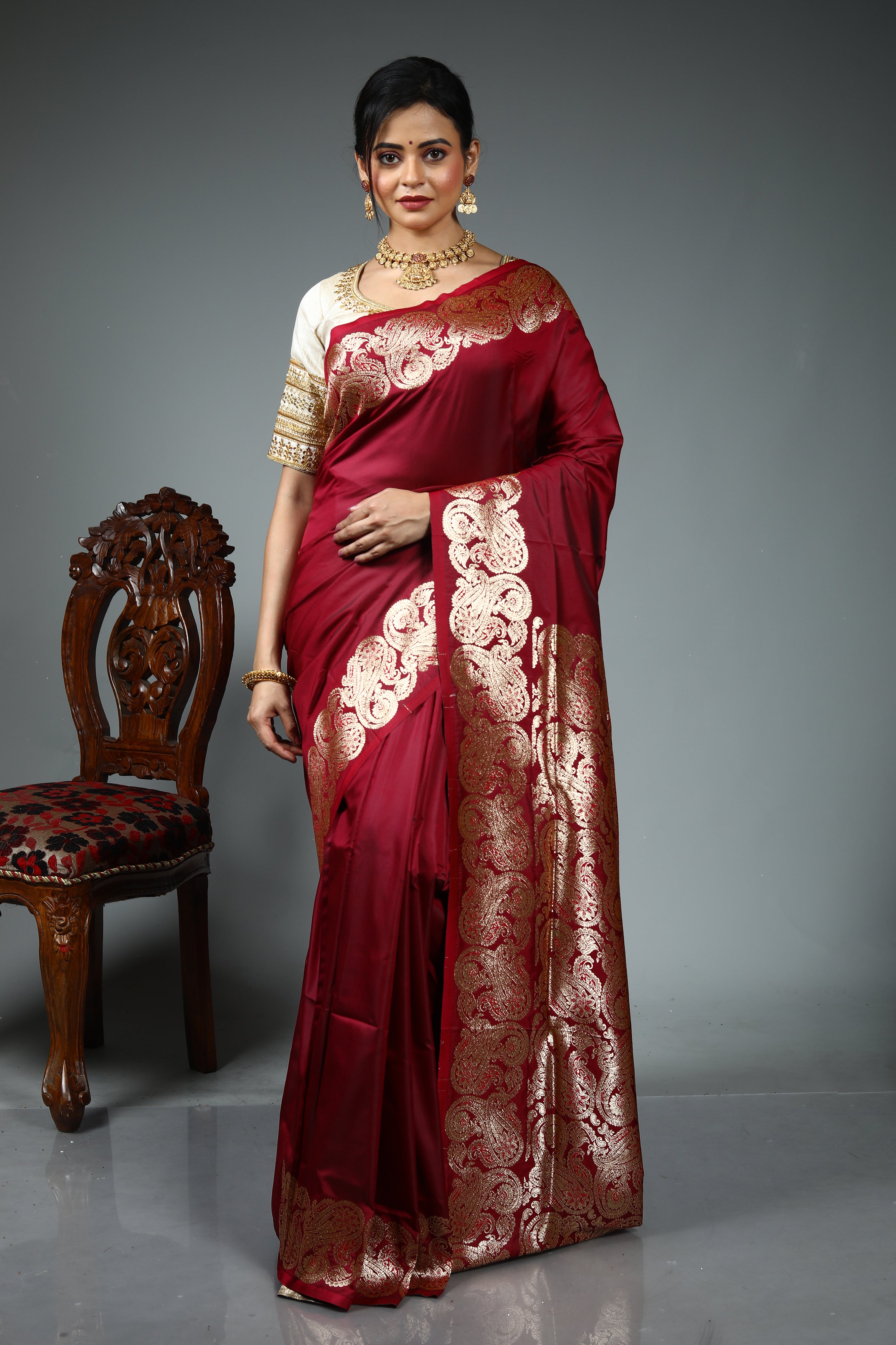 Maroon Blended Satin Silk Saree
