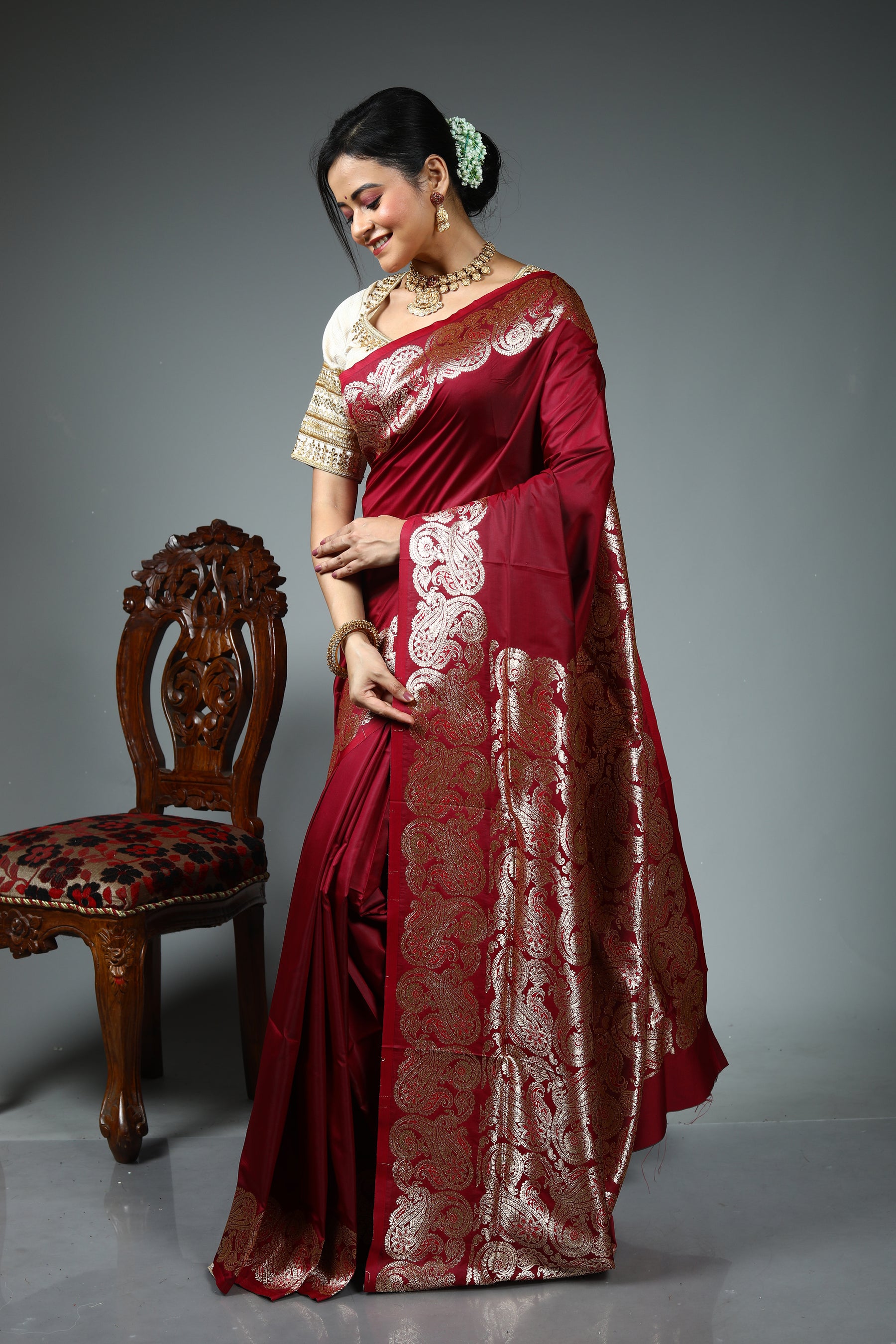 Maroon Blended Satin Silk Saree