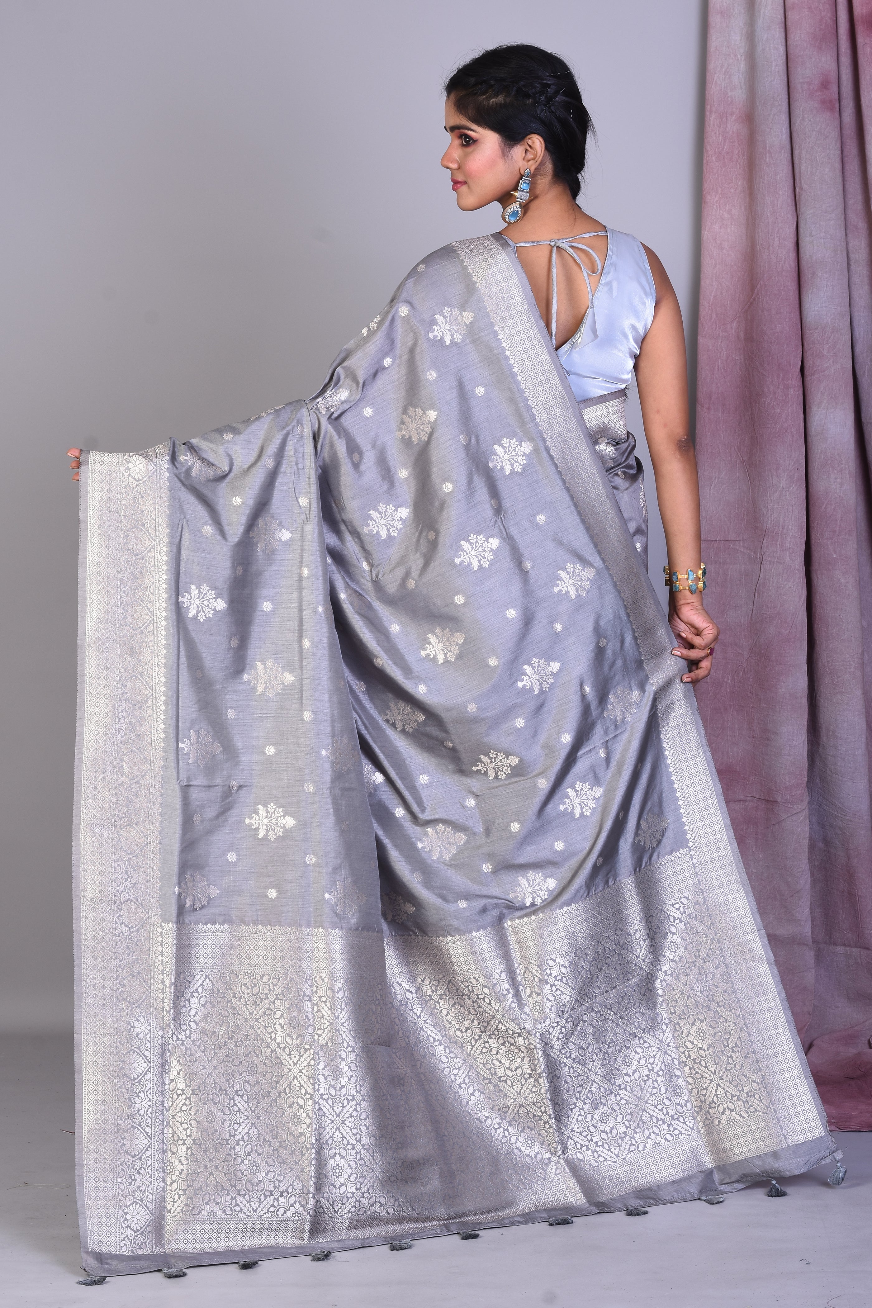 Grey Art Silk Saree with Silver Zari - Keya Seth Exclusive