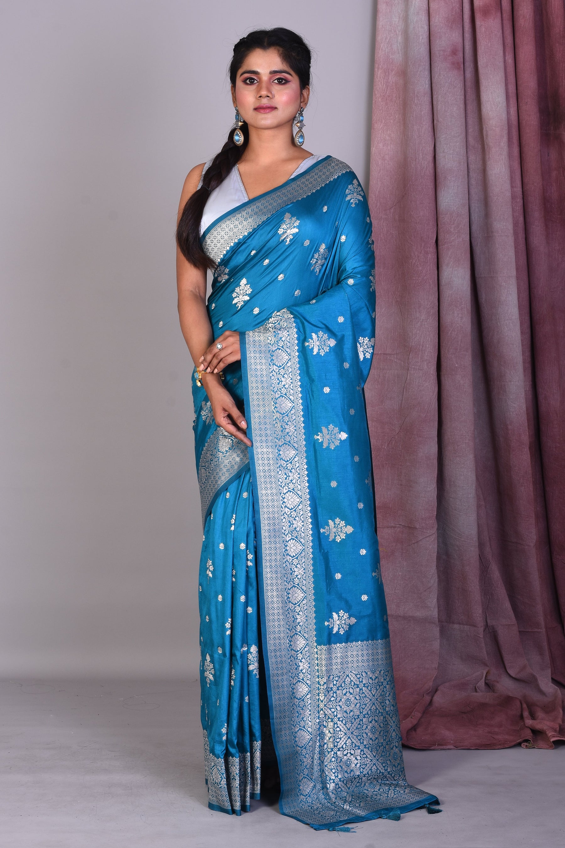 Firoza Blue Art Silk Saree with Silver Zari - Keya Seth Exclusive