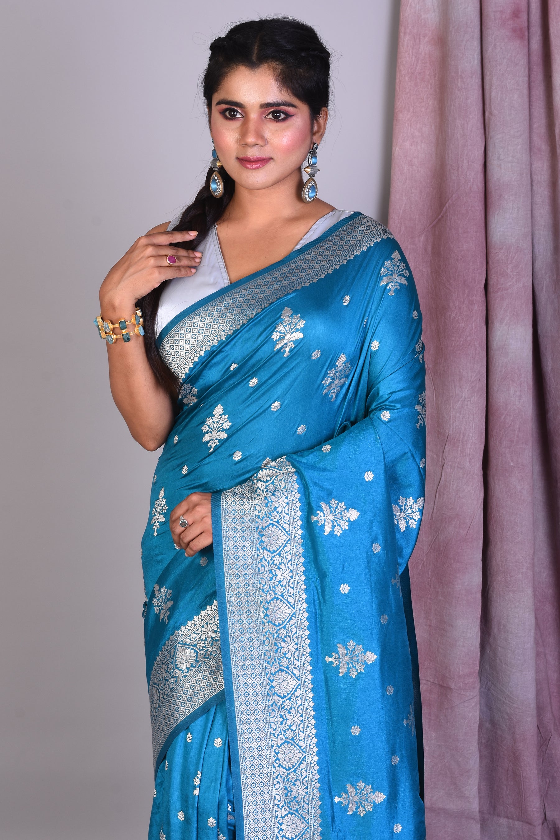 Firoza Blue Art Silk Saree with Silver Zari - Keya Seth Exclusive