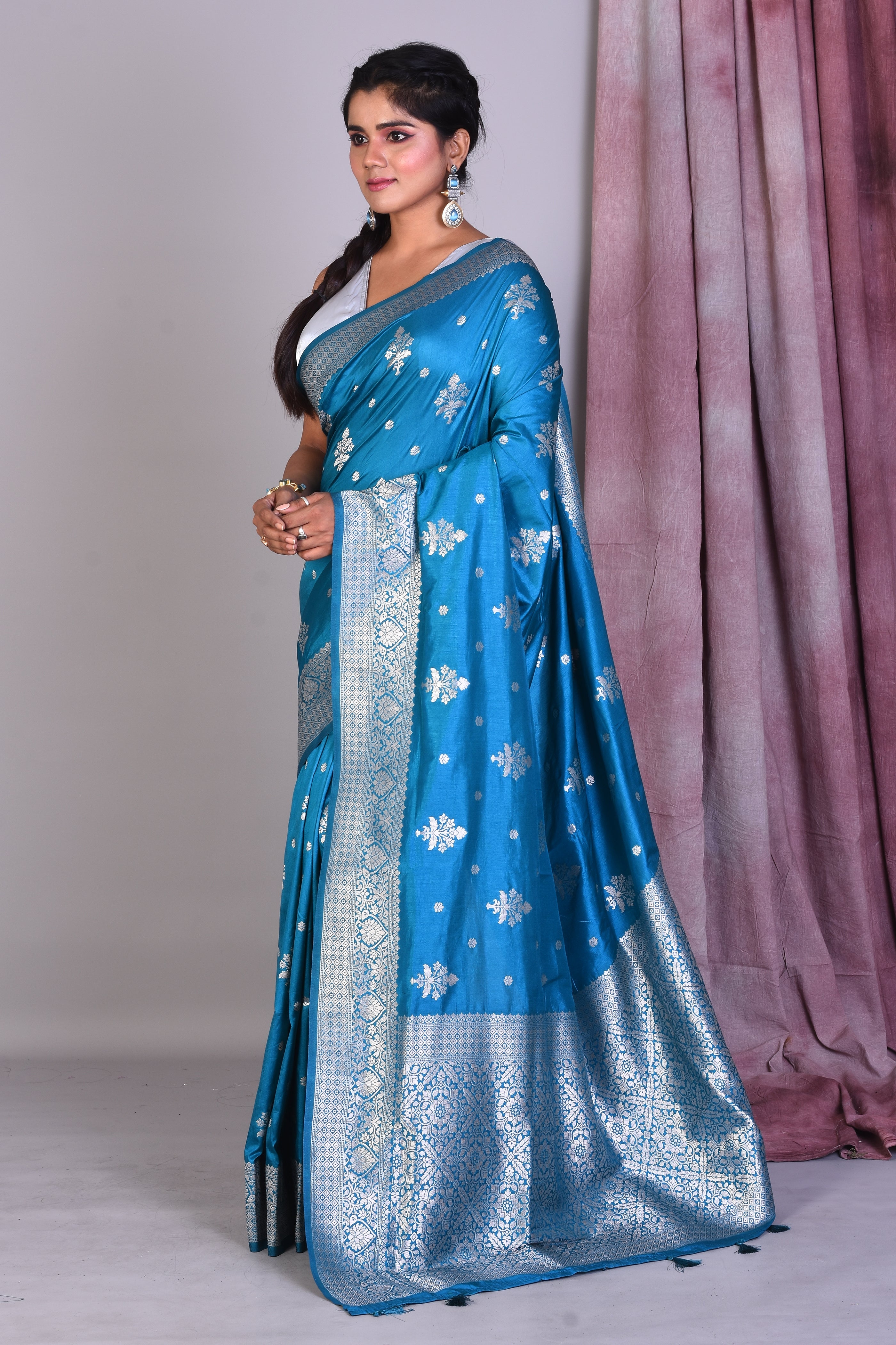 Firoza Blue Art Silk Saree with Silver Zari - Keya Seth Exclusive