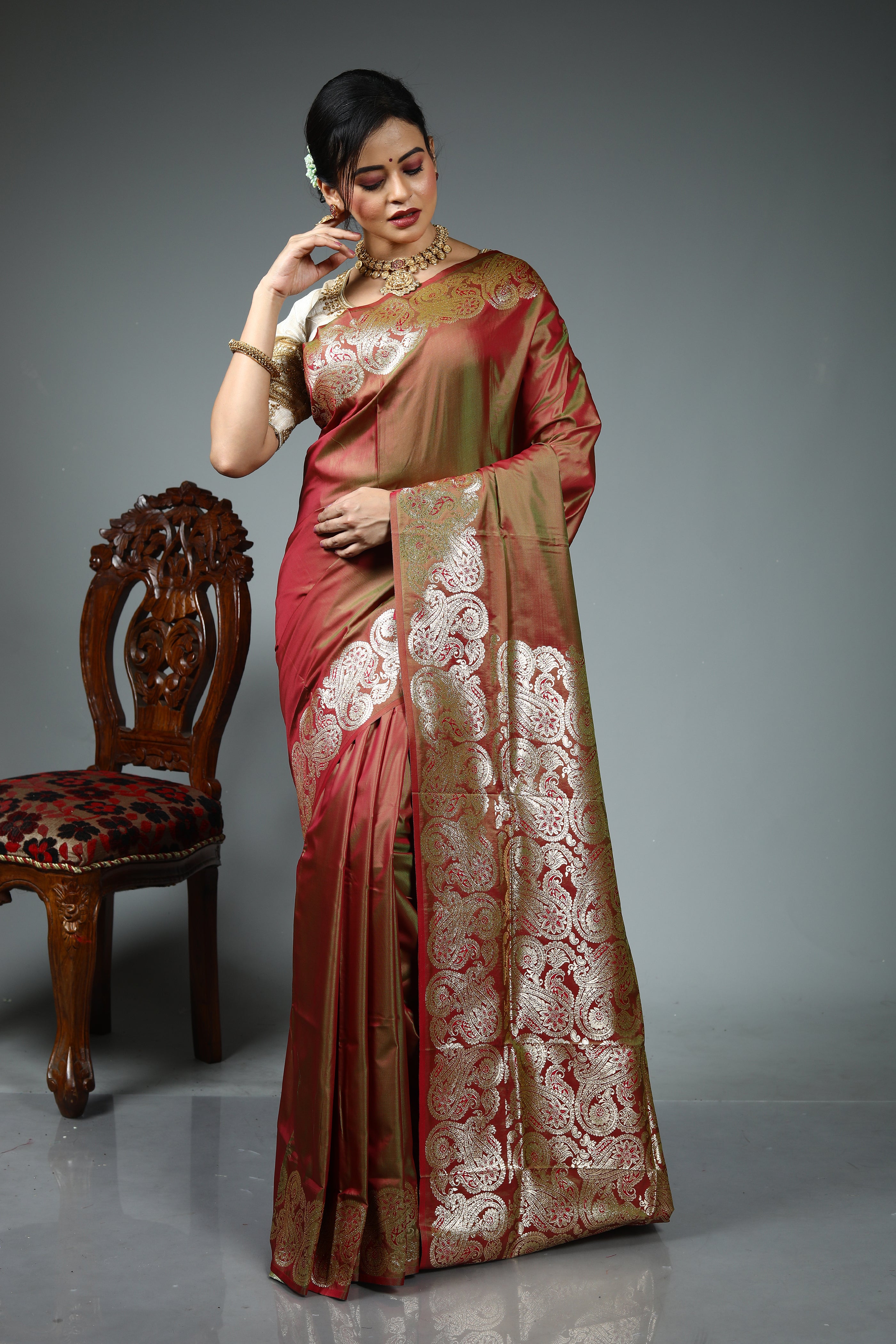 Dual Tone Rust Blended Satin Silk Saree
