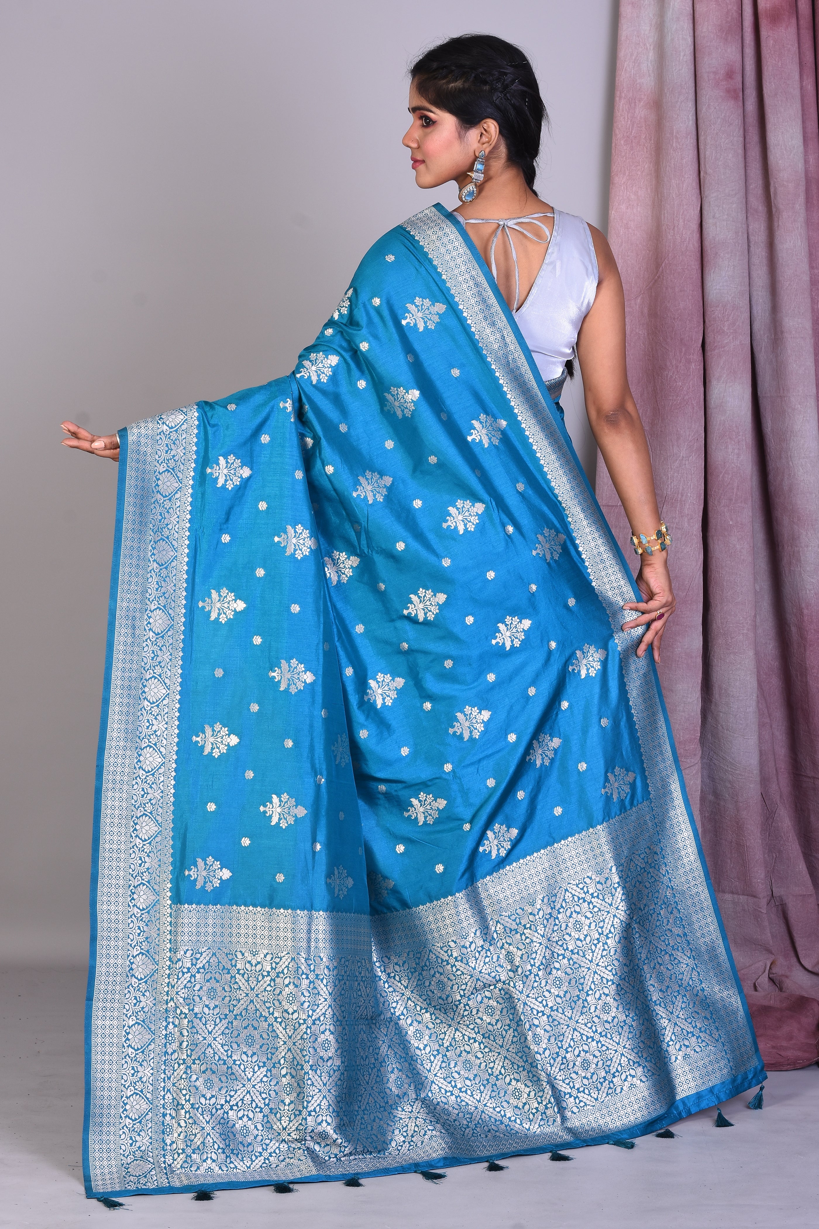 Firoza Blue Art Silk Saree with Silver Zari - Keya Seth Exclusive