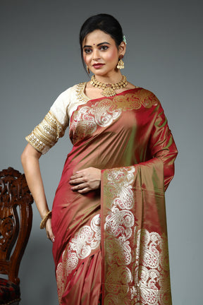 Dual Tone Rust Blended Satin Silk Saree