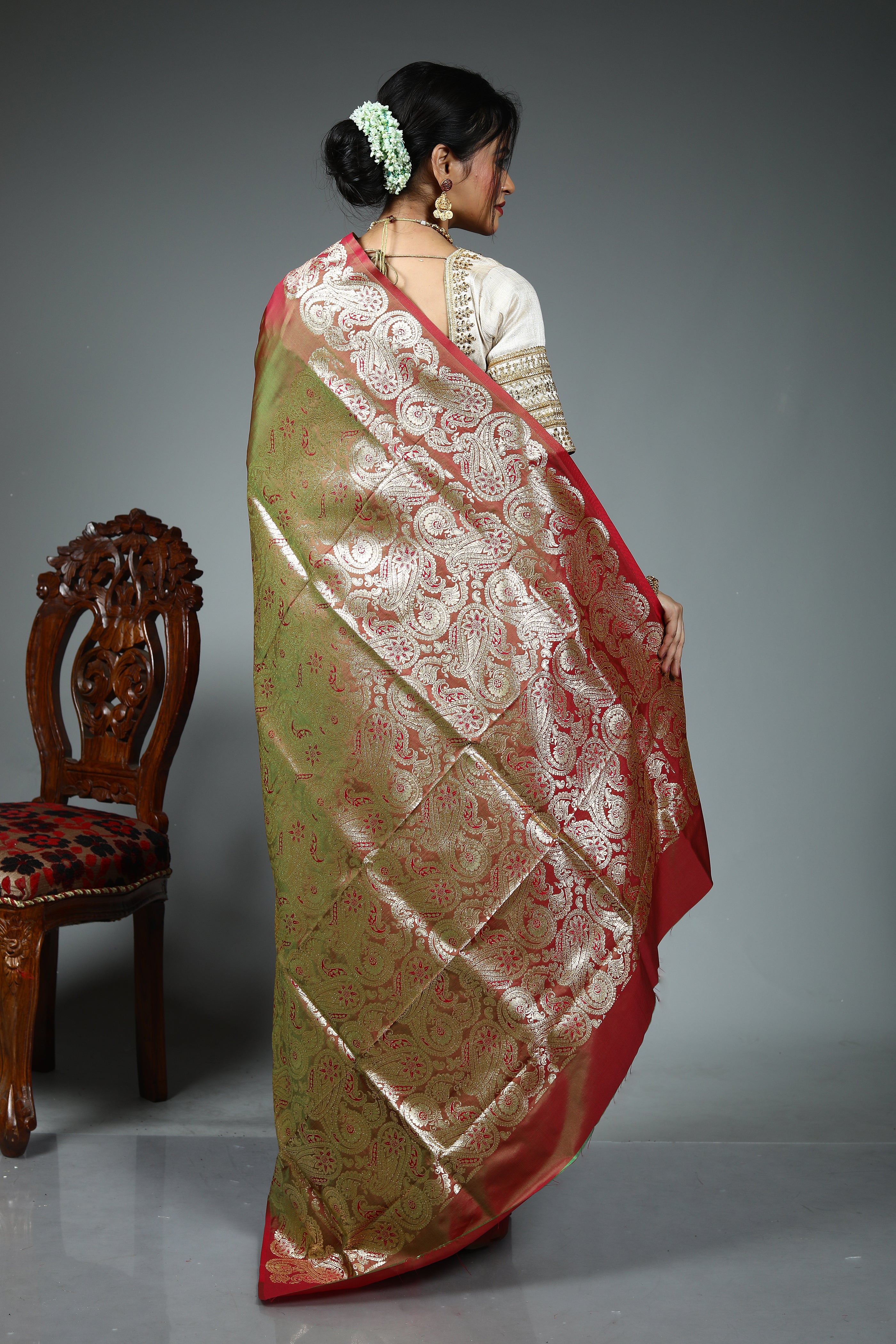 Dual Tone Rust Blended Satin Silk Saree