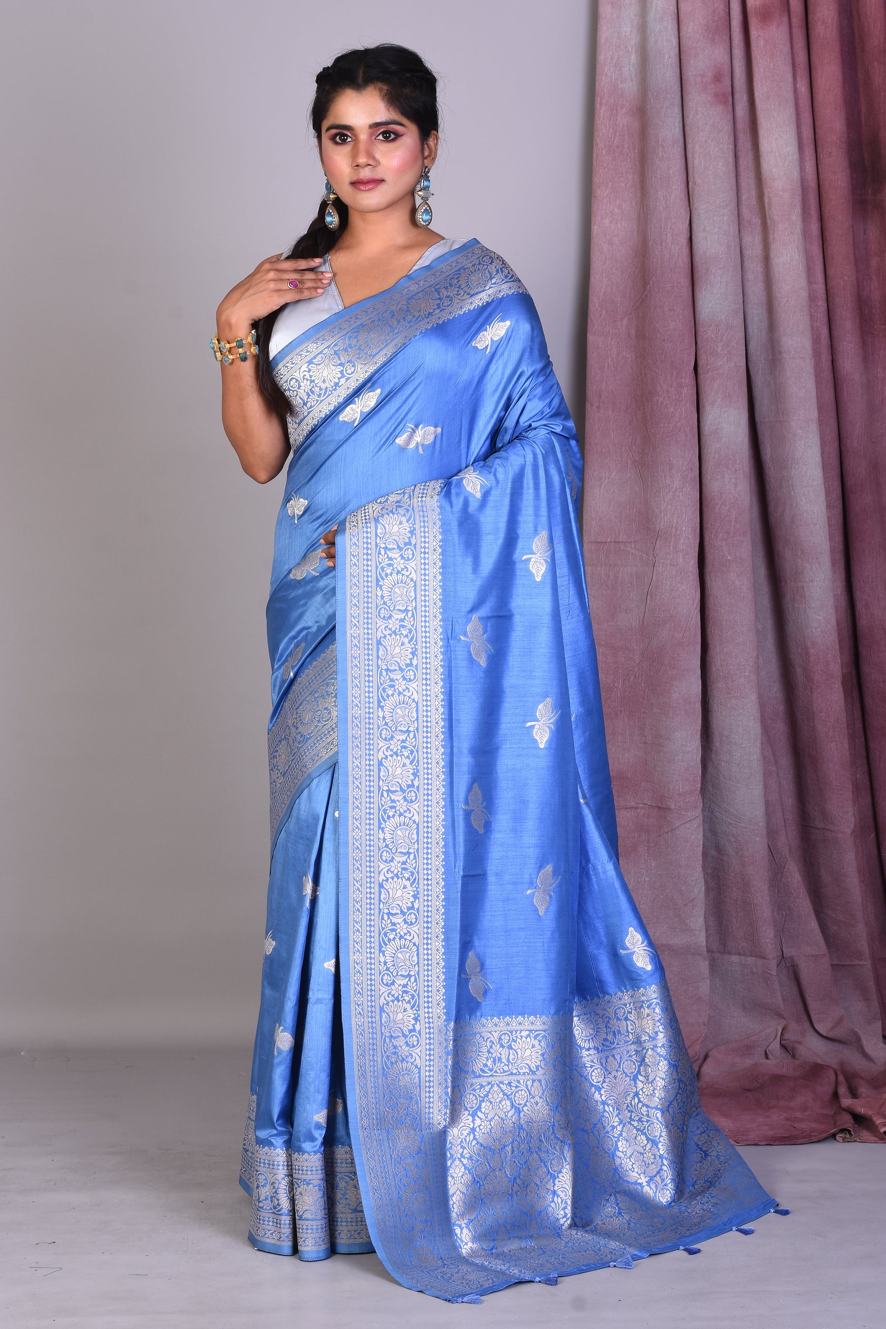 Cornflower Blue Art Silk Saree with Silver Zari - Keya Seth Exclusive