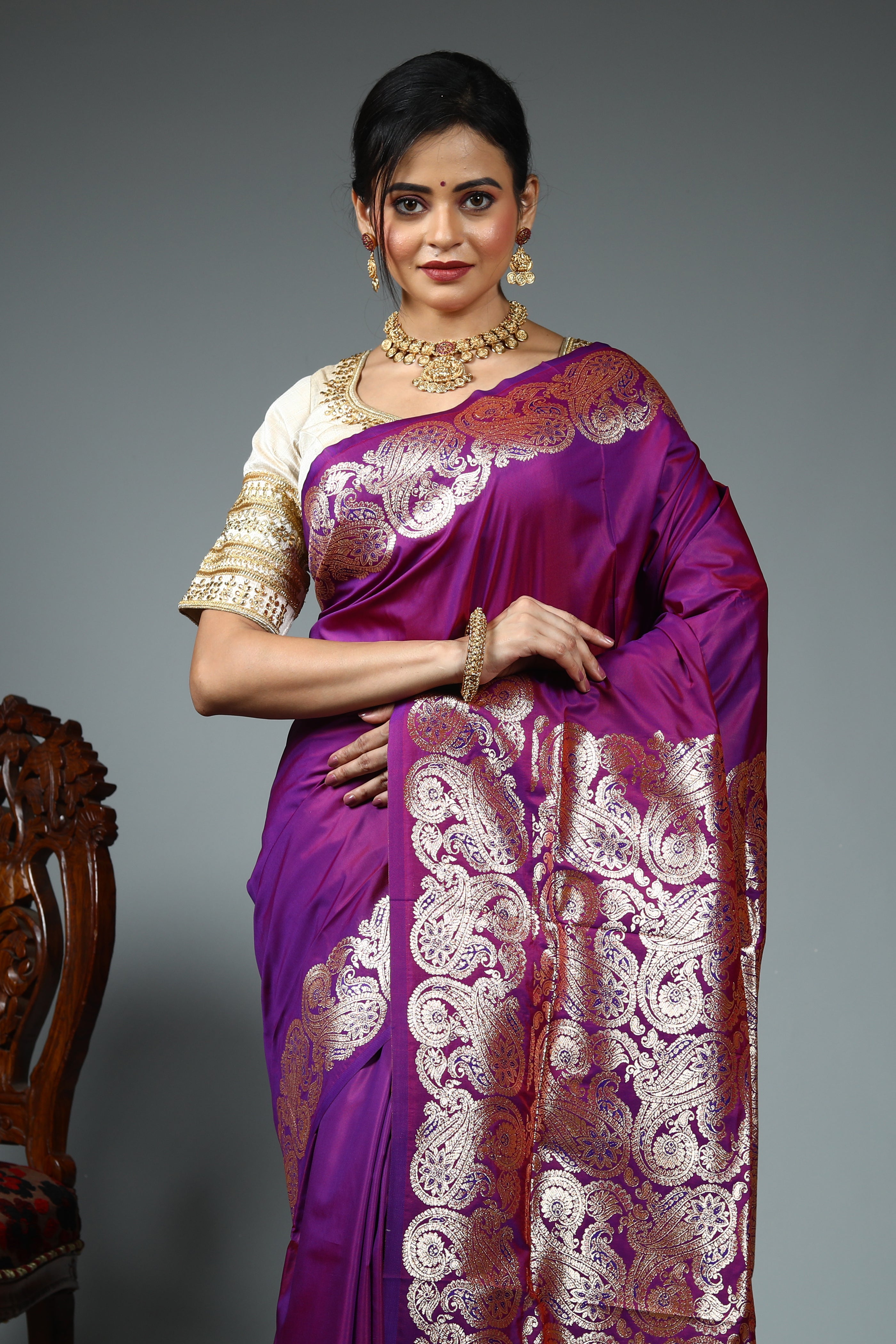 Magenta Blended Satin Silk Saree