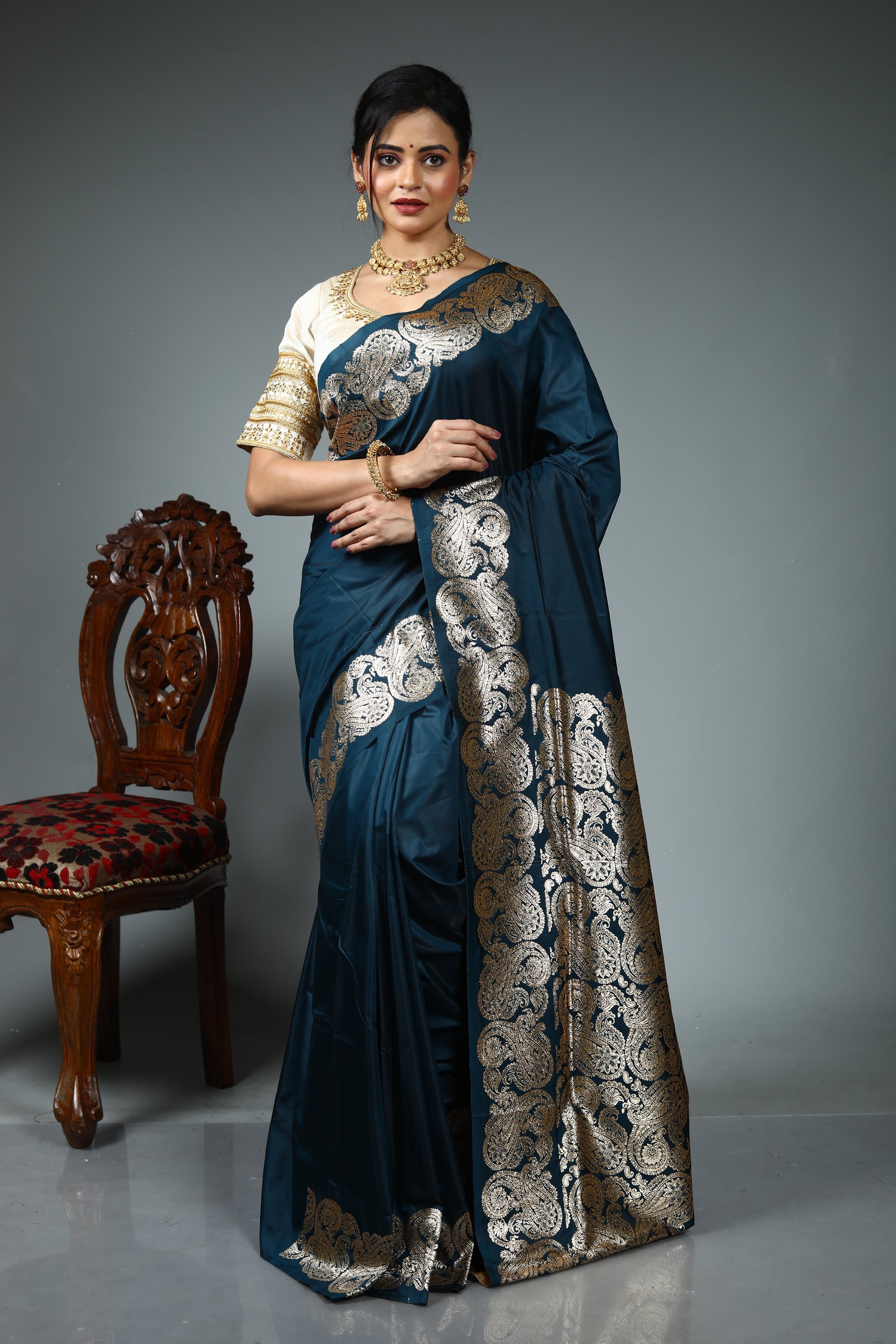 Blue Blended Satin Silk Saree
