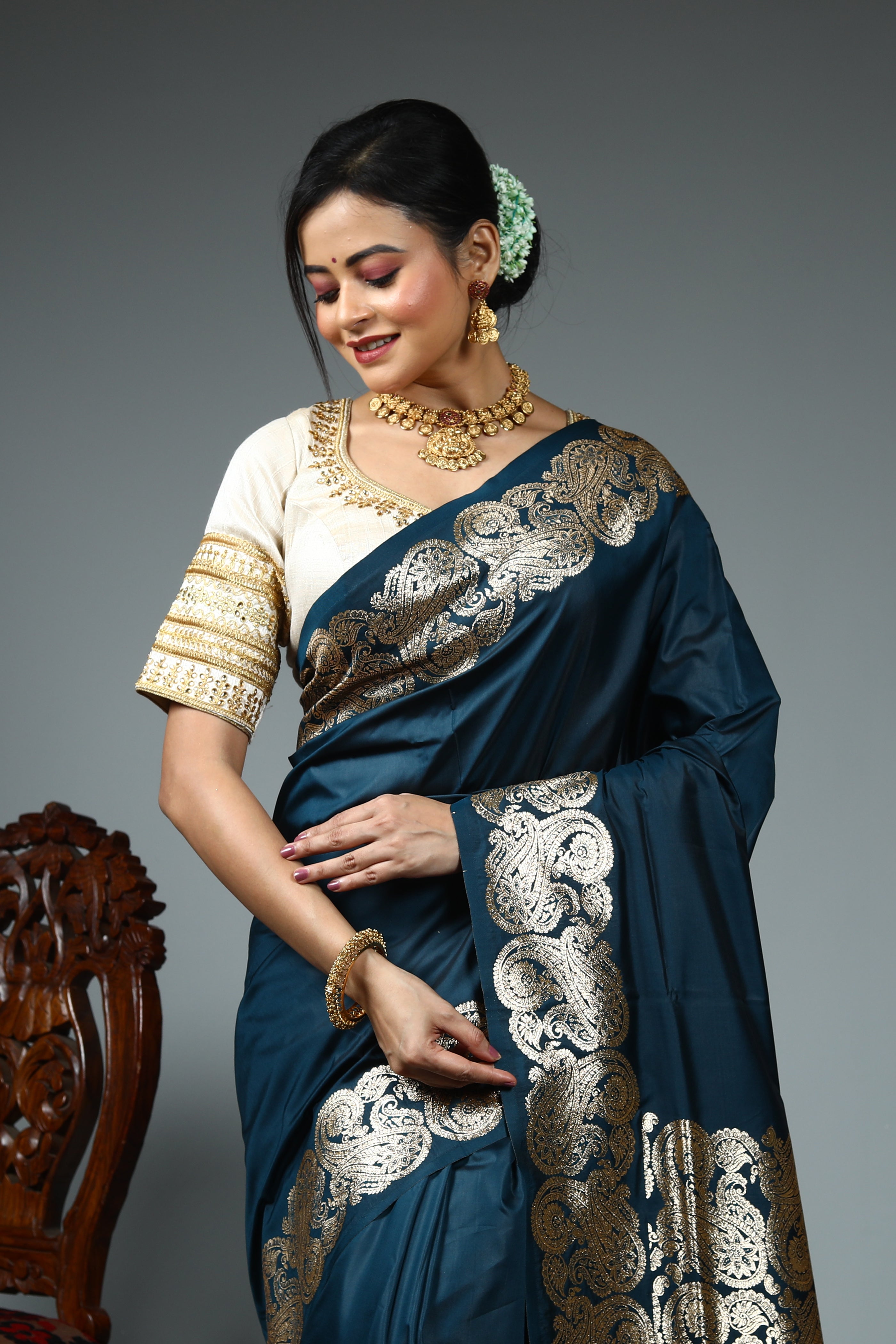 Blue Blended Satin Silk Saree