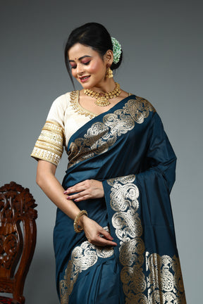 Blue Blended Satin Silk Saree