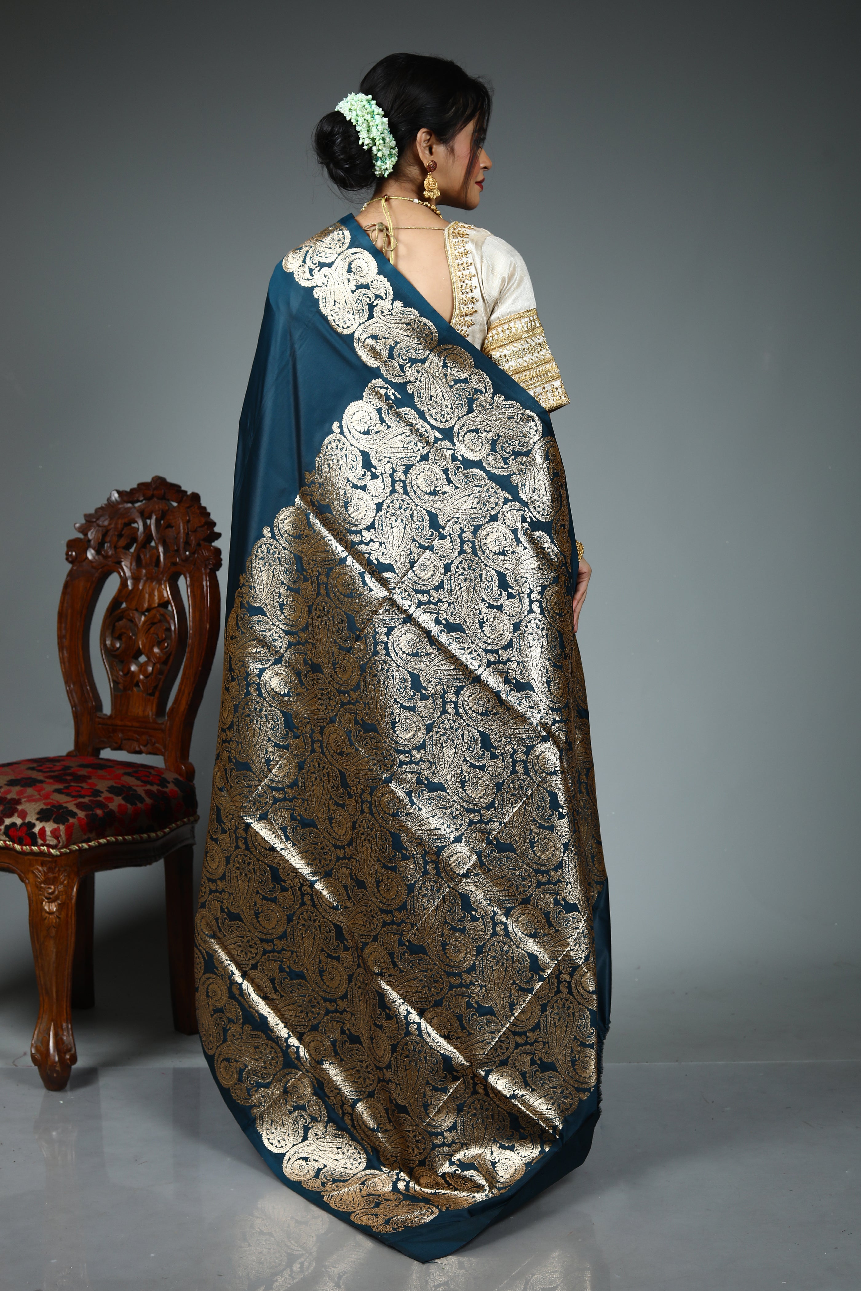 Blue Blended Satin Silk Saree
