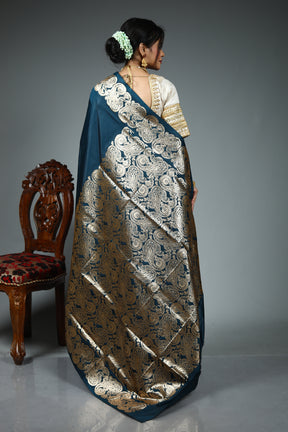 Blue Blended Satin Silk Saree