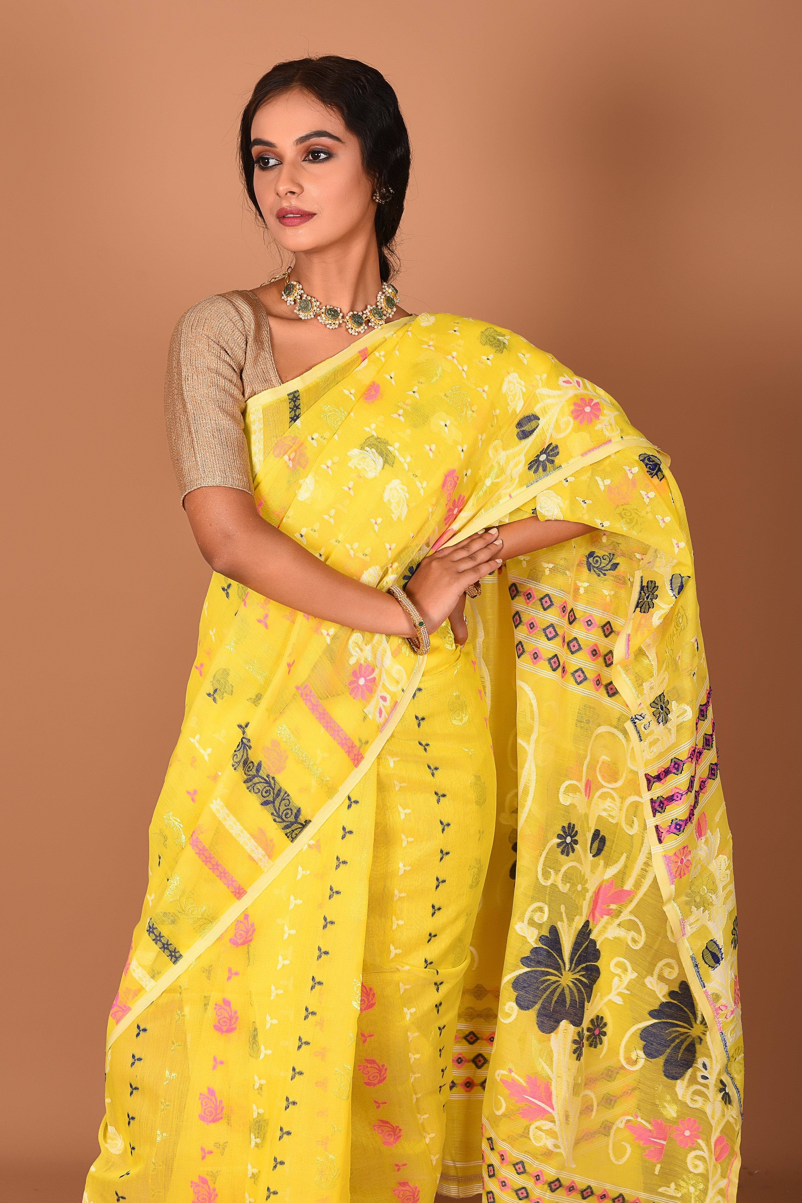 Bright Yellow Jamdani Saree - Keya Seth Exclusive