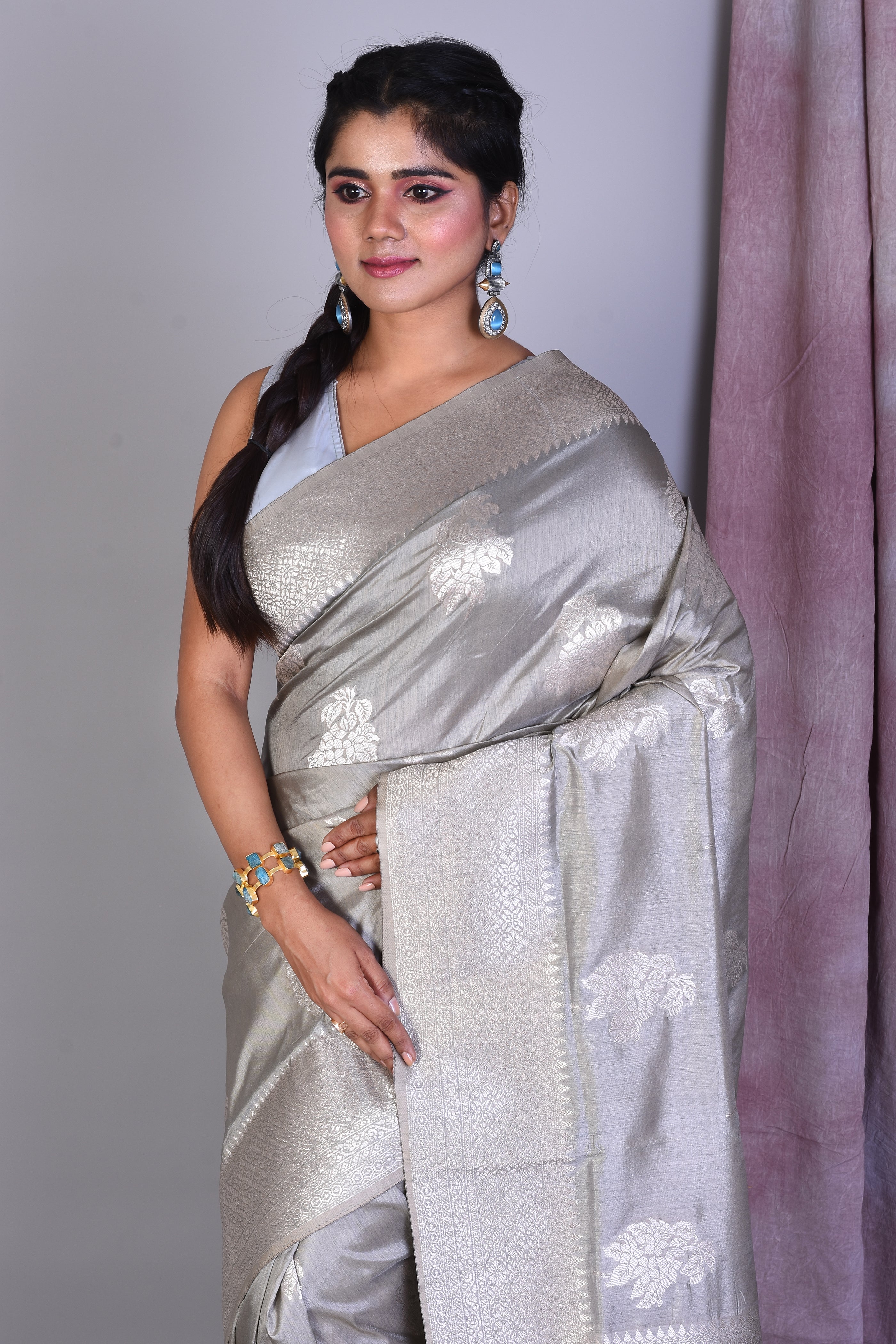 Grey Art Silk Saree with Silver Zari - Keya Seth Exclusive