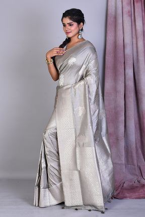 Grey Art Silk Saree with Silver Zari - Keya Seth Exclusive