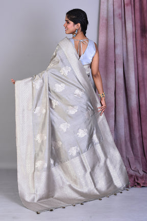 Grey Art Silk Saree with Silver Zari - Keya Seth Exclusive