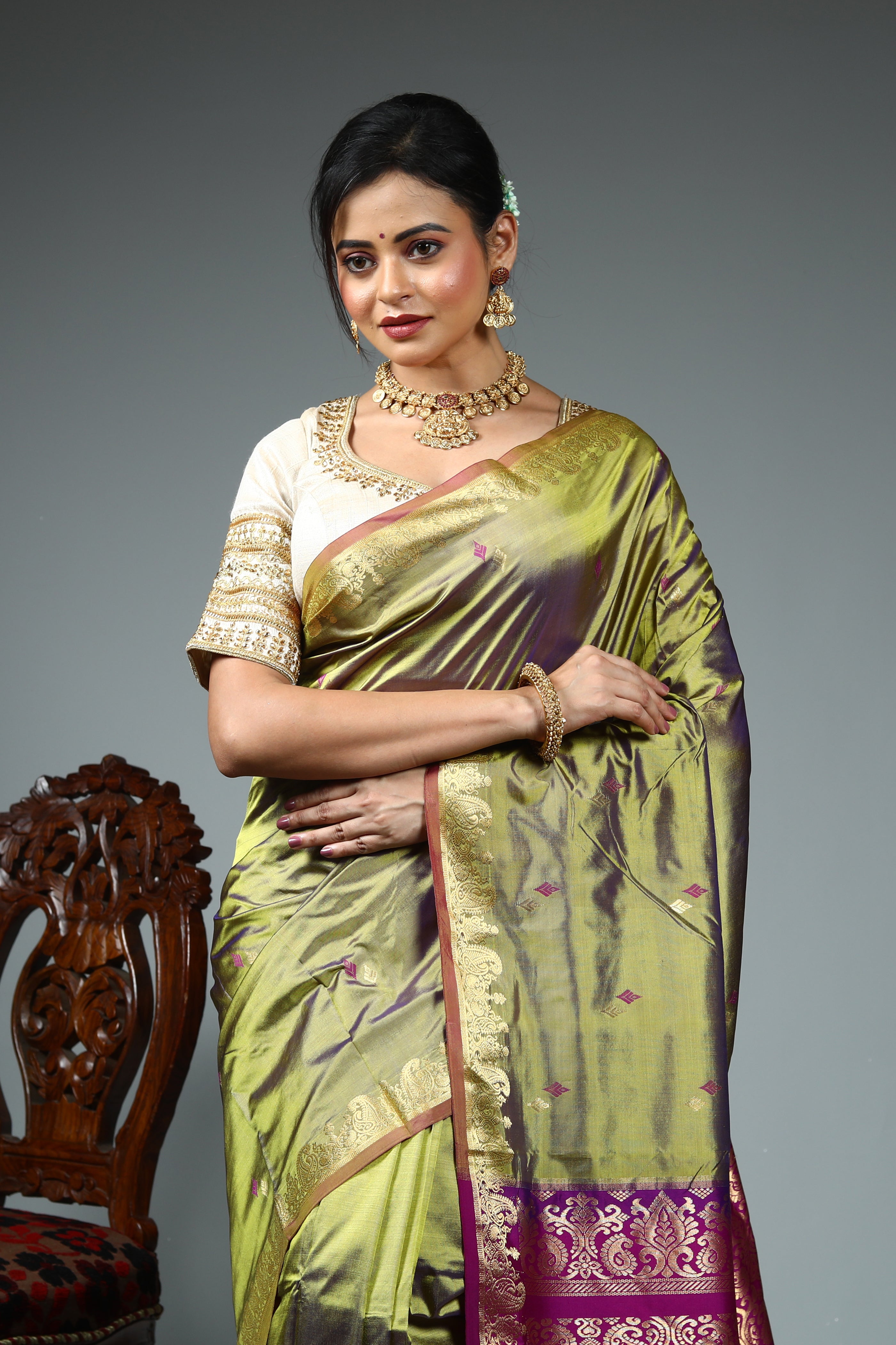 Olive Green Pure Kanjivaram Silk Saree