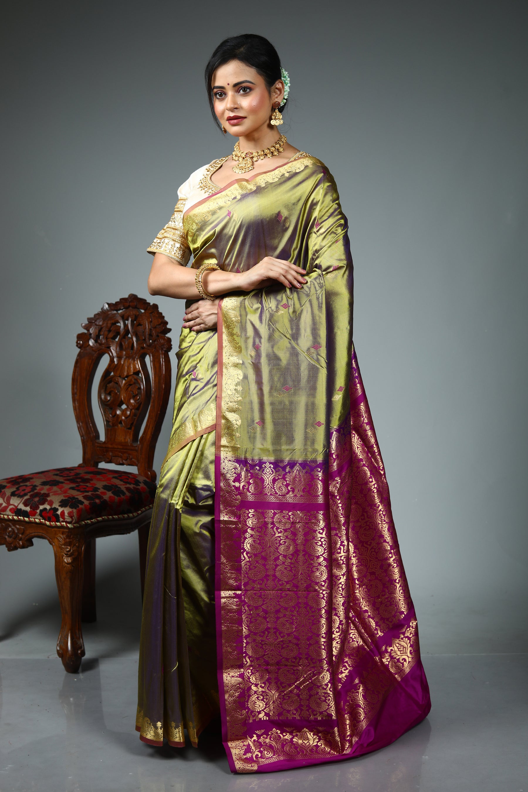 Olive Green Pure Kanjivaram Silk Saree