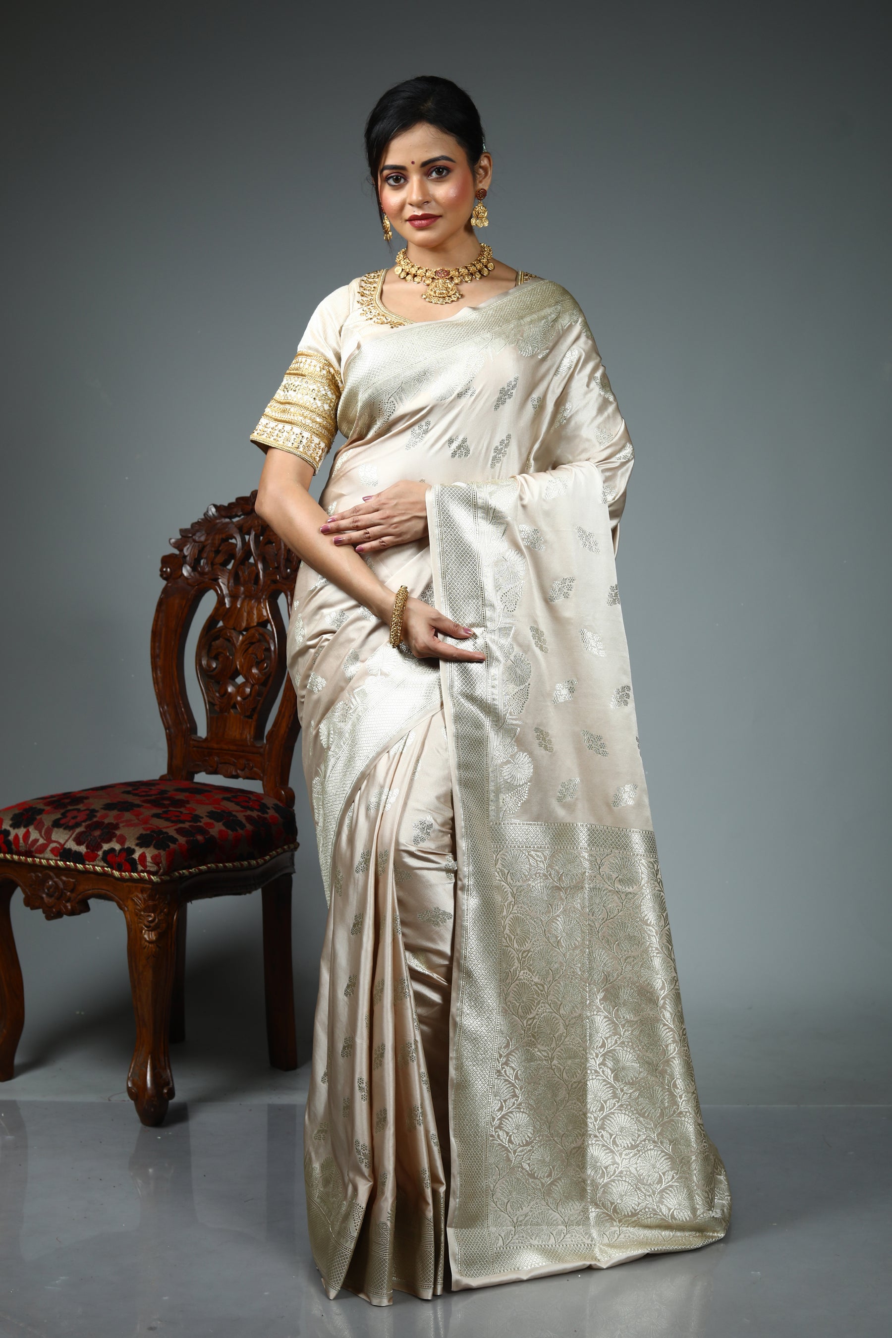 Beige Blended Silk Saree